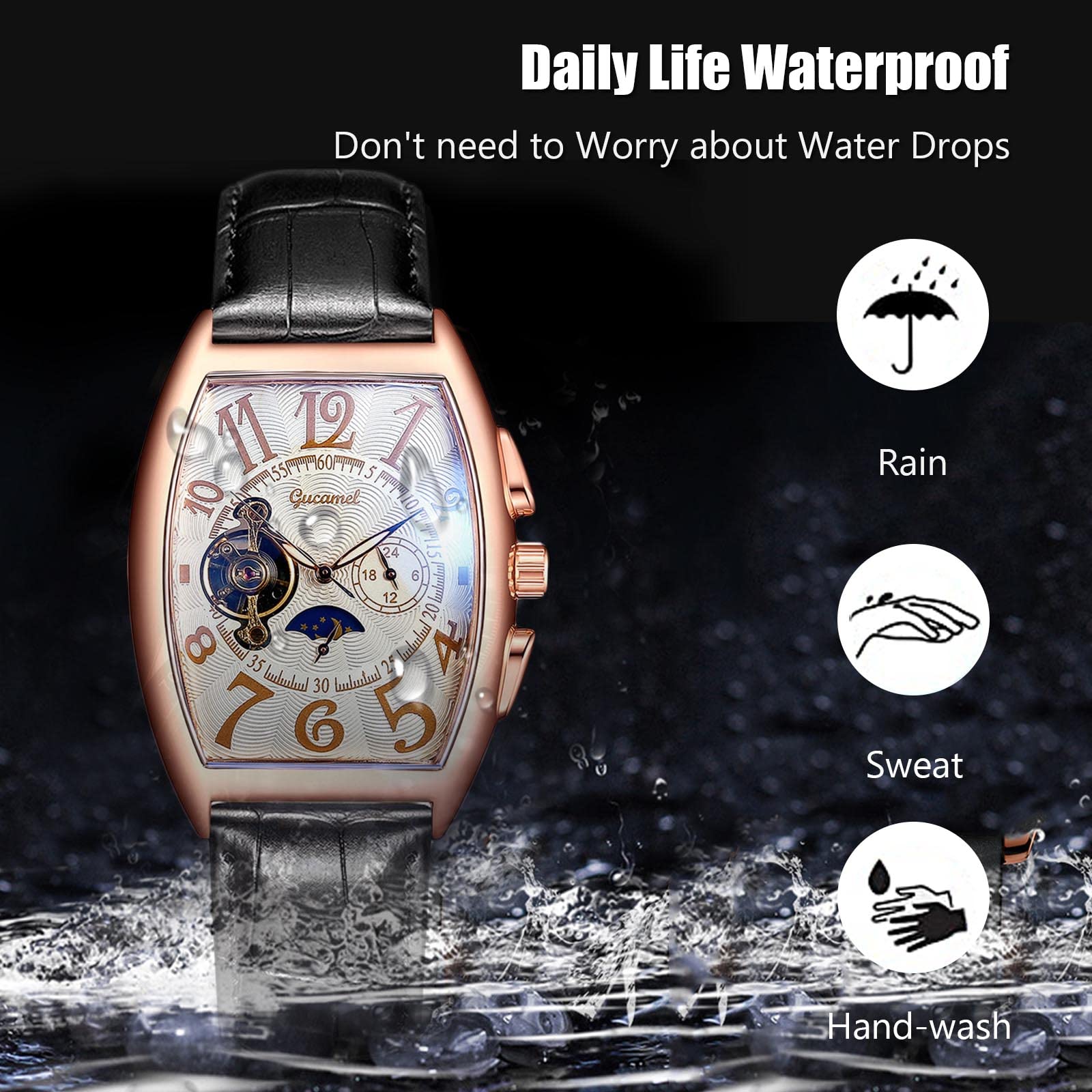 Premium RORIOS Men's Automatic Mechanical Watch with Genuine Leather Strap - Rose Gold & White Skeleton Dial Tourbillon Watch for Business & Formal Occasions