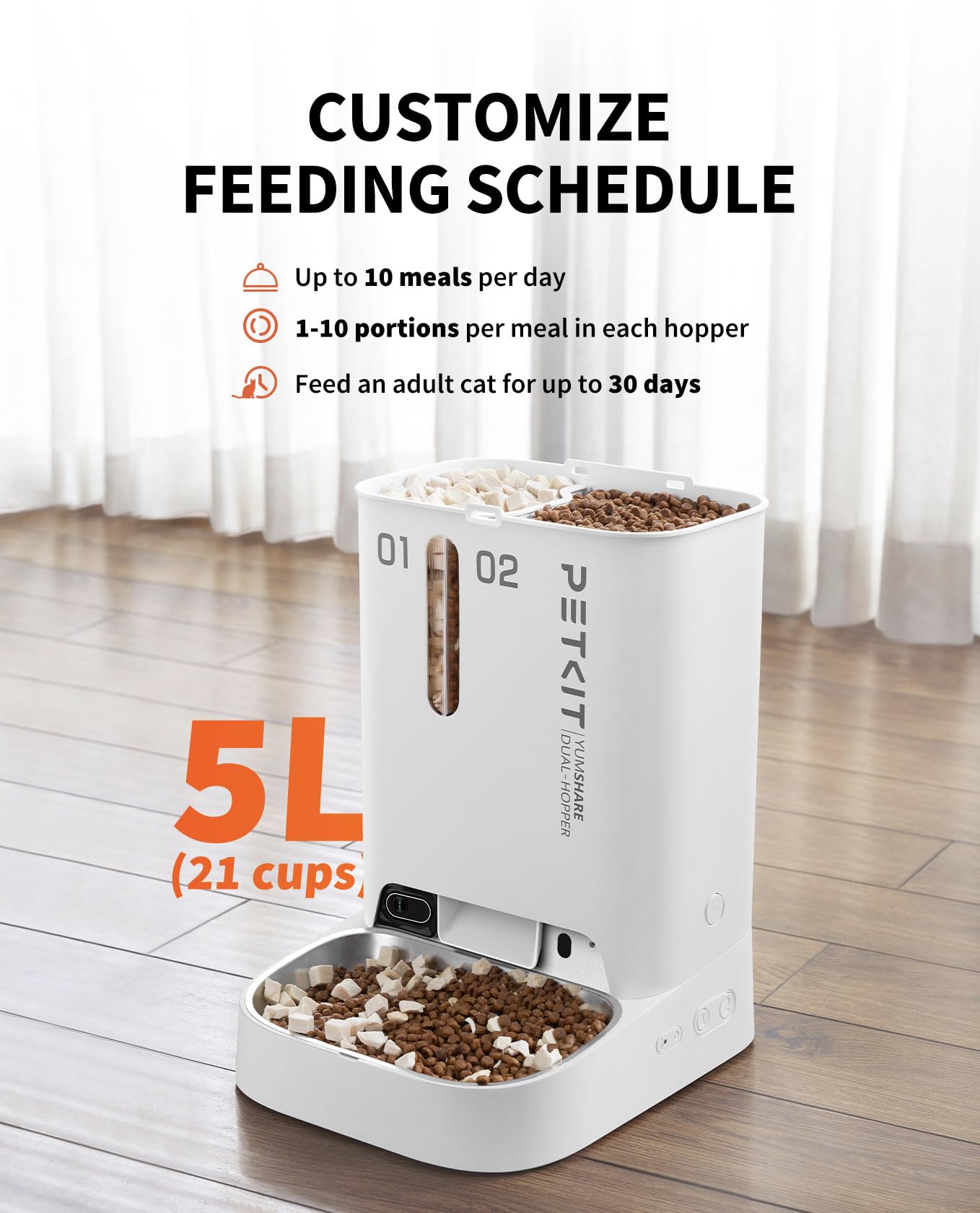 PETKIT Automatic Cat Feeder with Camera - 1080P HD Video & Night Vision, 5L Smart Pet Food Dispenser with 2-Way Audio, Battery Backup, Low Food Alert & Anti-Stick Bowl (2.4G WiFi) - Perfect for Multi-Cat Homes, Travel & Busy Pet Owners