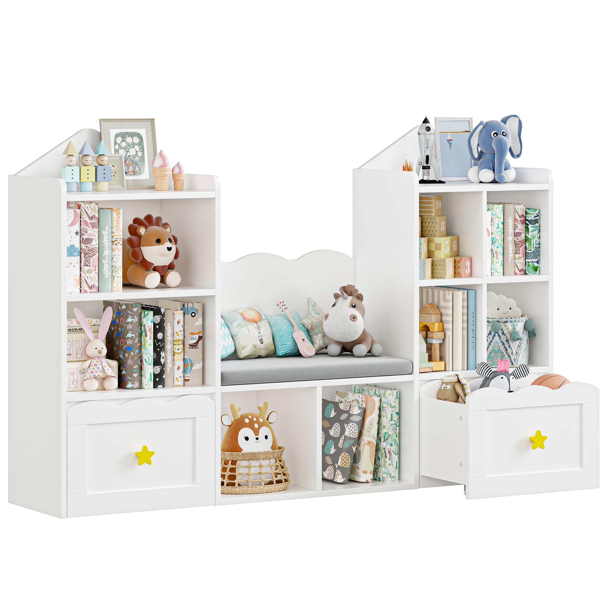 **White Kids Bookshelf with Reading Nook & Soft Cushion Seat - 2-Wheel Drawers, 8 Storage Cubbies - Toy Organizer for Playroom, Bedroom, School - Perfect for Reading, Learning & Playtime**