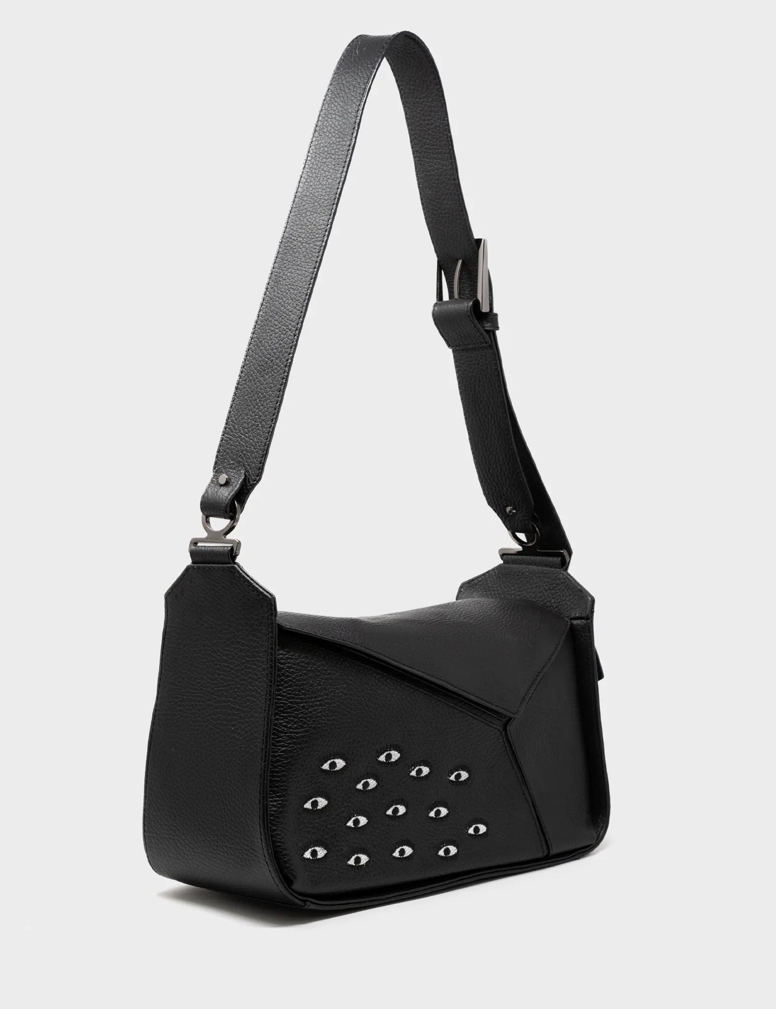 Houston Black Leather Shoulder Bag with Eyes Embroidery - Stylish Crossbody Purse for Women, Perfect for Work, Travel and Everyday Use