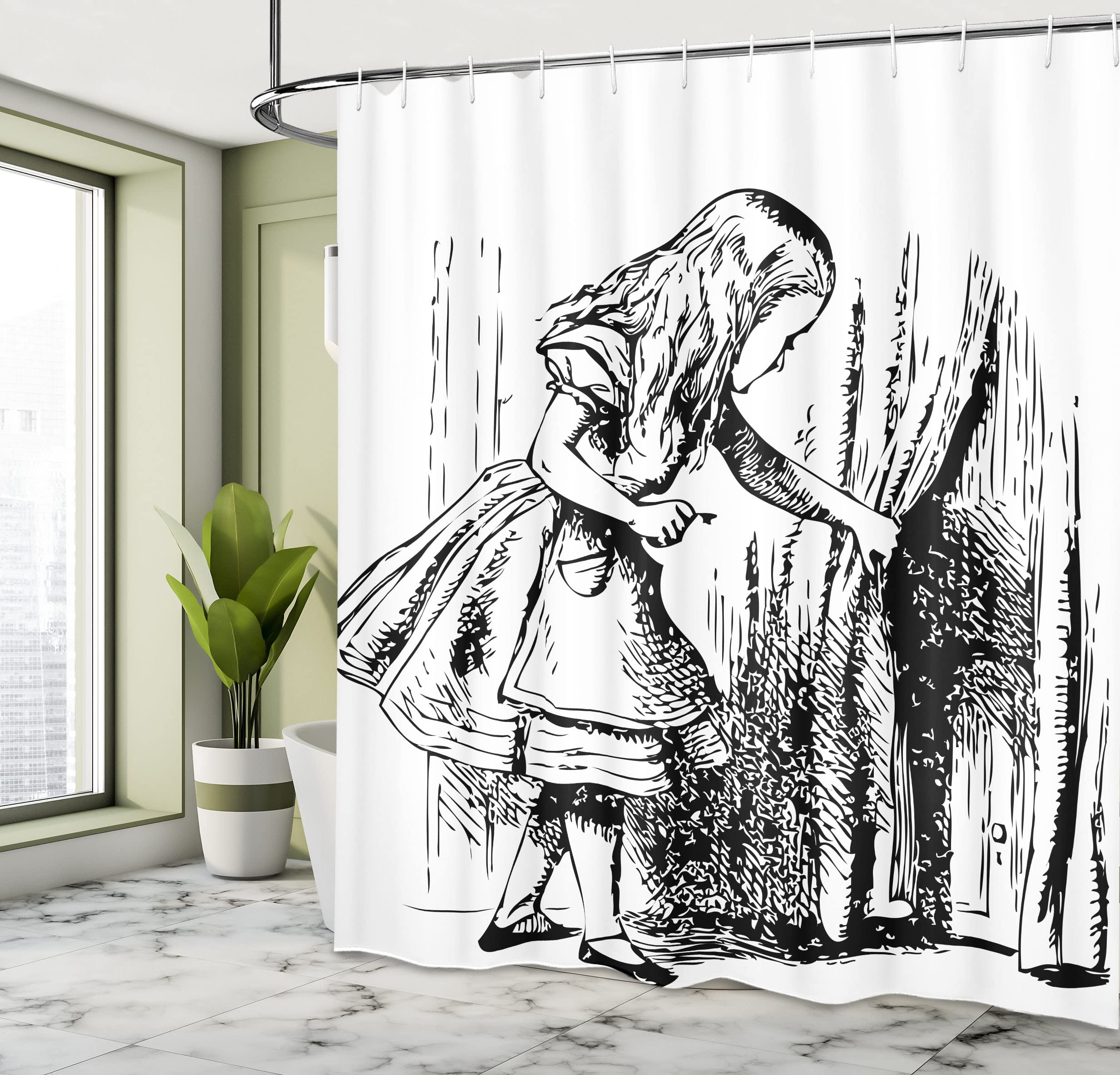 Ambesonne Alice in Wonderland Shower Curtain - Black & White Alice Adventure Design, 69x84 Inch Fabric Bathroom Decor with Hooks | Perfect for Themed Bathrooms, Kids' Rooms & Whimsical Home Decor