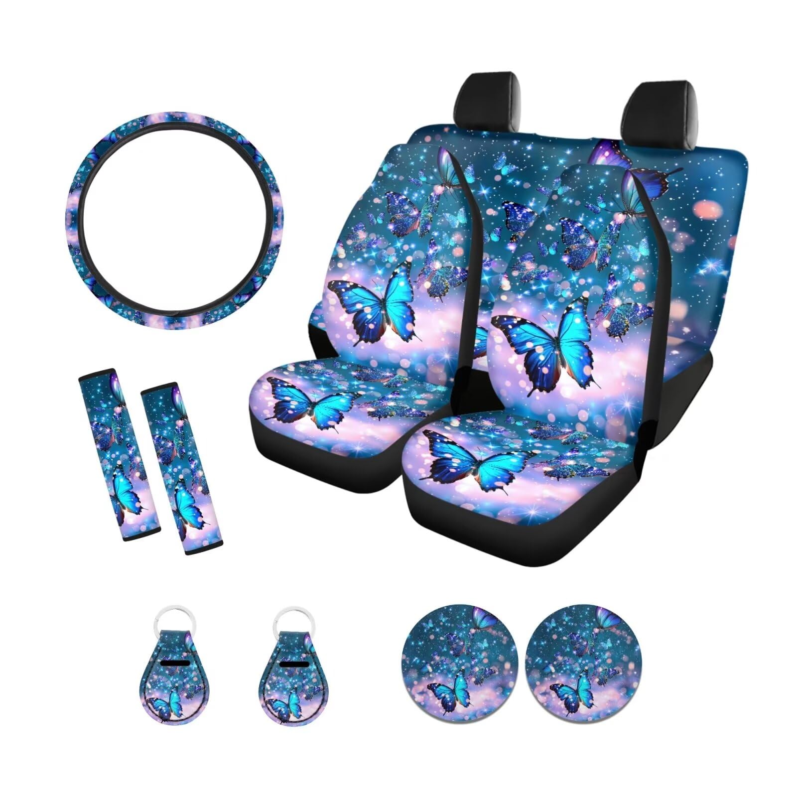 Xoenoiee 11-Piece Blue Sparkling Butterfly Car Accessories Set - Front & Back Seat Covers, Steering Wheel Cover, Car Coasters, Seat Belt Pads & Keychain | Luxury Car Interior Decor for Women, Gift Idea for Car Lovers (Perfect for Sedans, SUVs & Daily Commute)