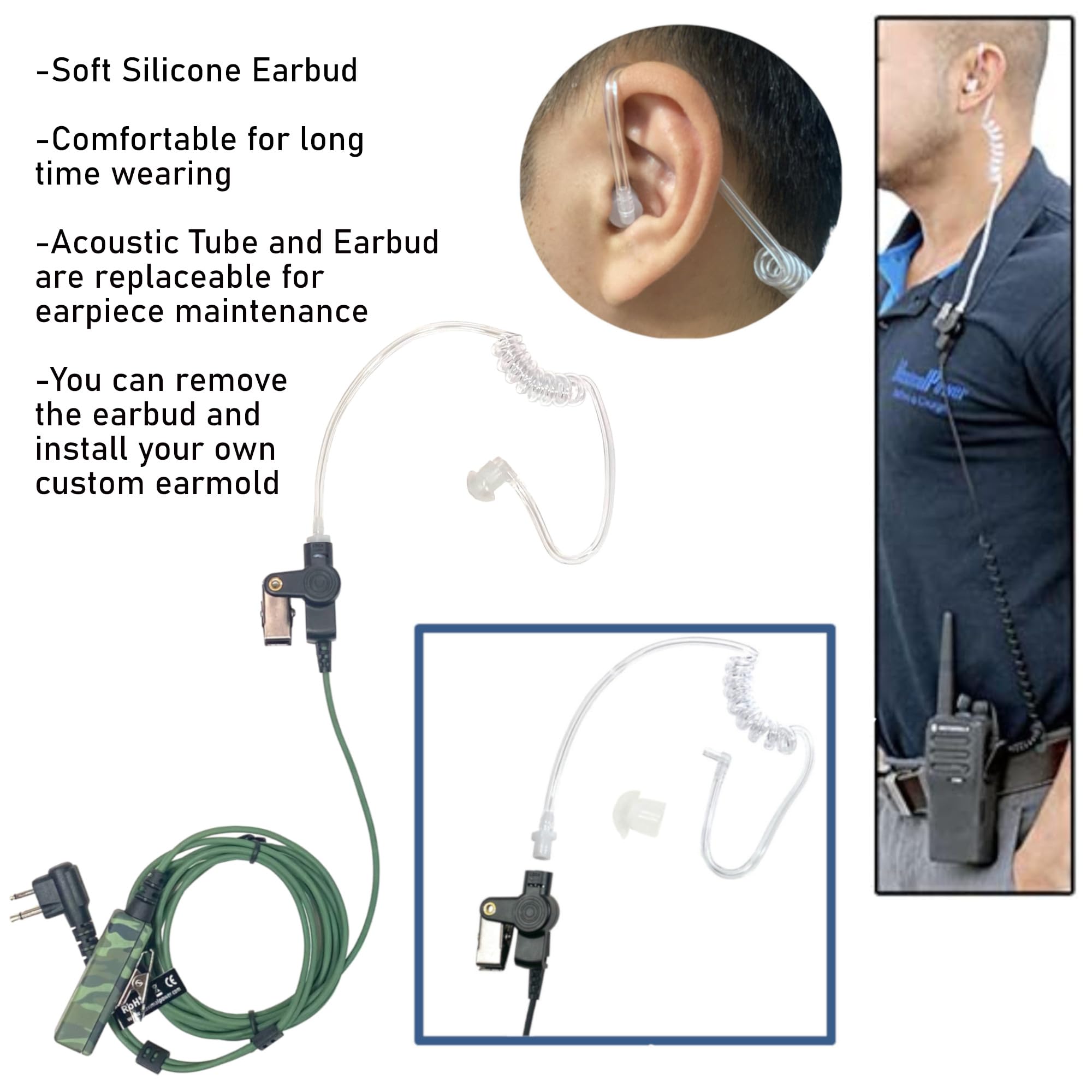 (10 Pack) MaximalPower™ Camouflage 2-Wire Headset with Clear Coil Tube, Earbud & PTT Mic M1 Plug Kevlar for Motorola - Durable Communication Headset for Construction, Security & Outdoor Activities