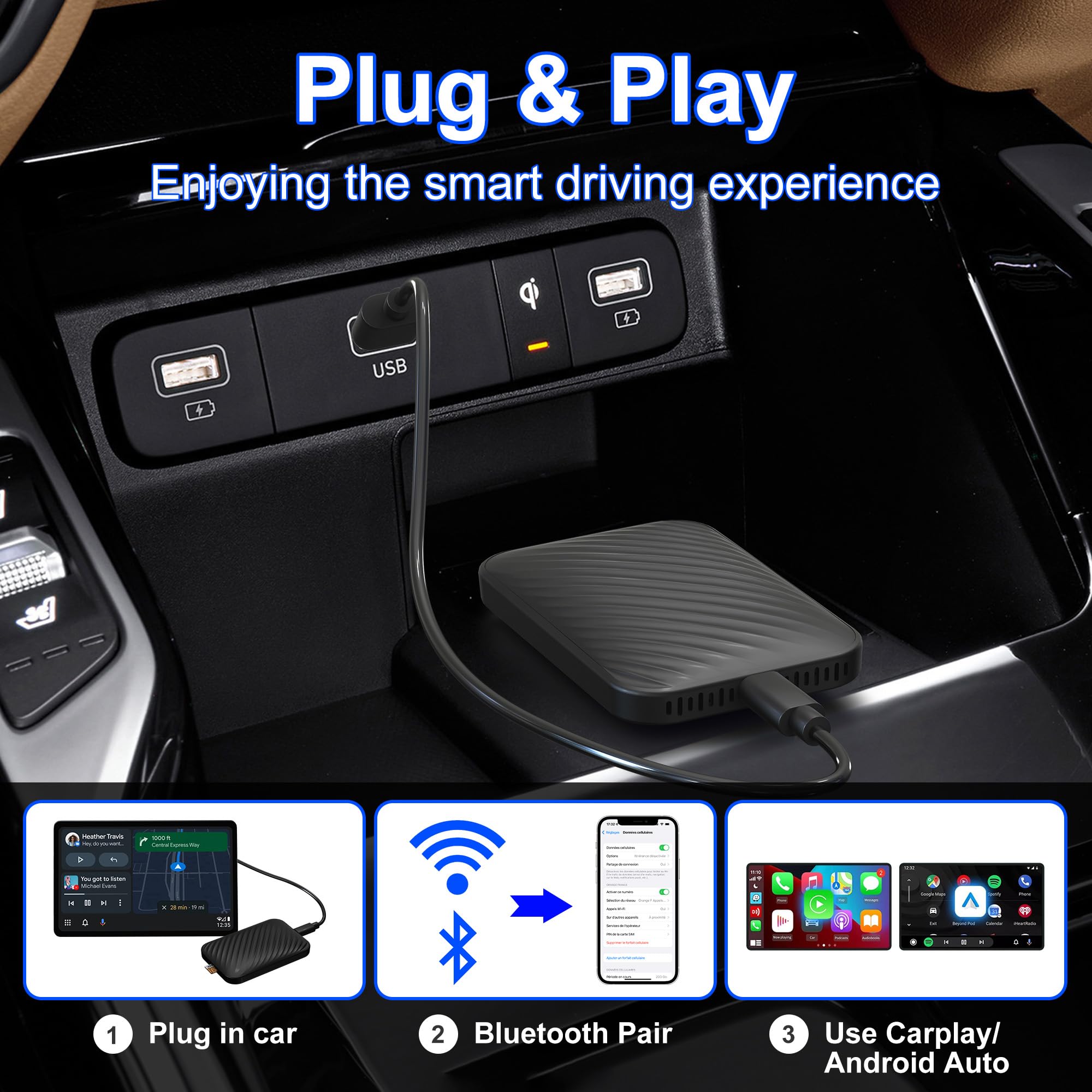 4-in-1 Wireless CarPlay & Android Auto Adapter with Netflix/YouTube/Play Store Support - Easy Plug & Play Setup for OEM Wired Cars - Perfect for Streaming Videos & Music on Road Trips & Commutes