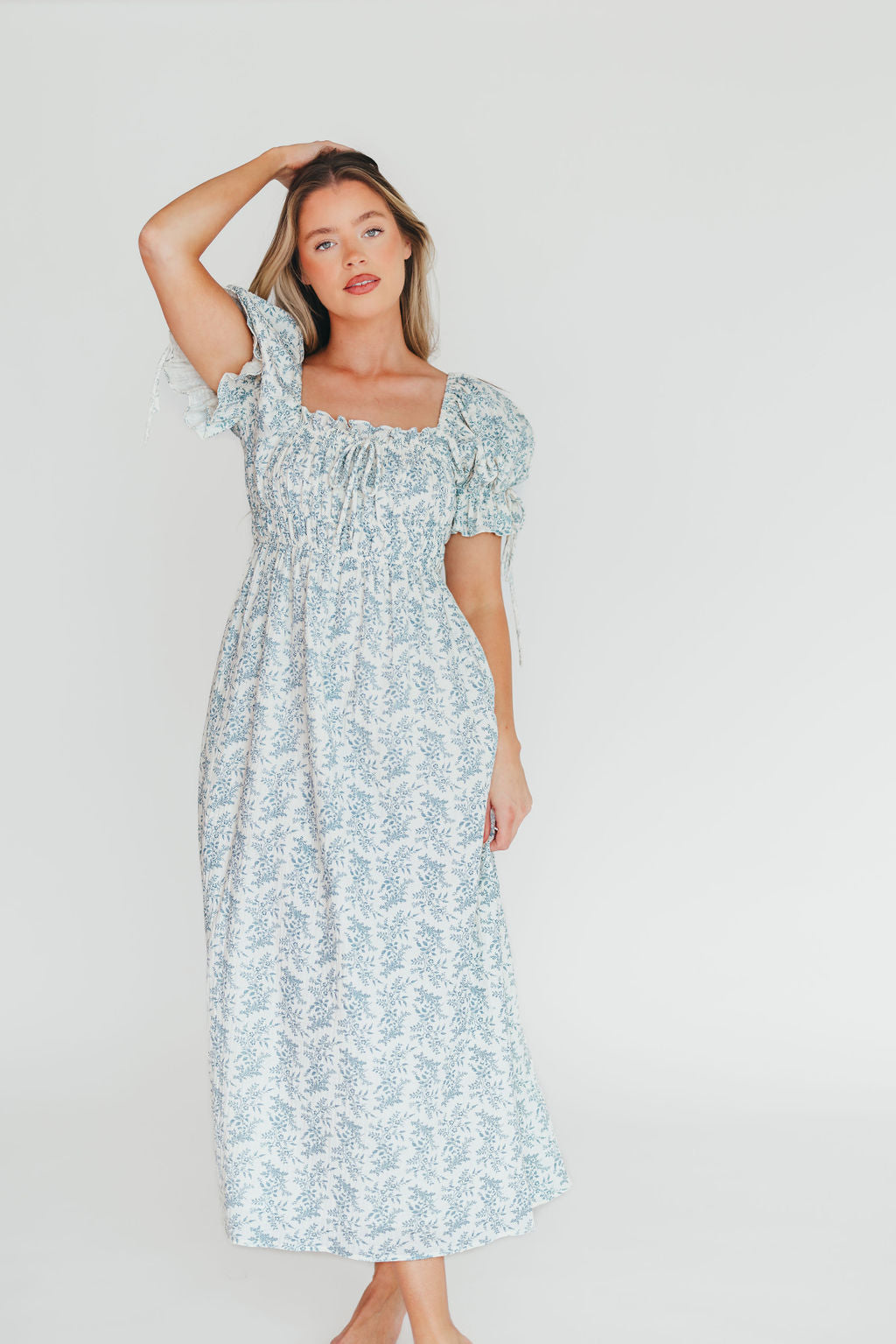 100% Cotton Savanna Steppe Midi Dress - Bump Friendly Maternity & Plus Size Blue Floral Dress for Women | Perfect for Summer Vacations, Beach Outings and Casual Wear