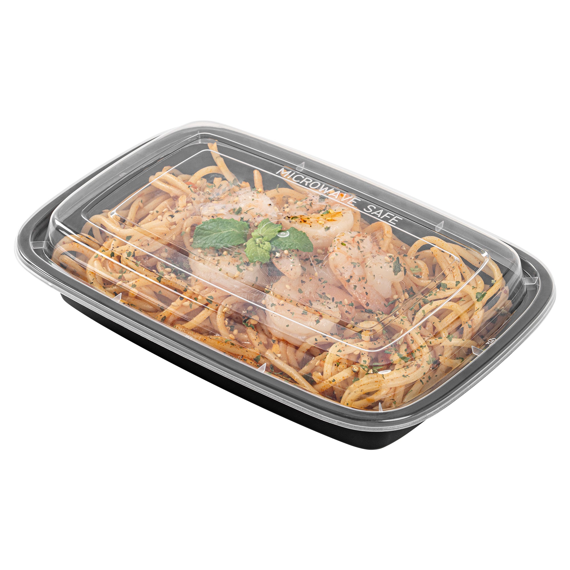 16 oz Black Rectangle Plastic Food Storage Container with Clear Lid - Microwave Safe (7.75