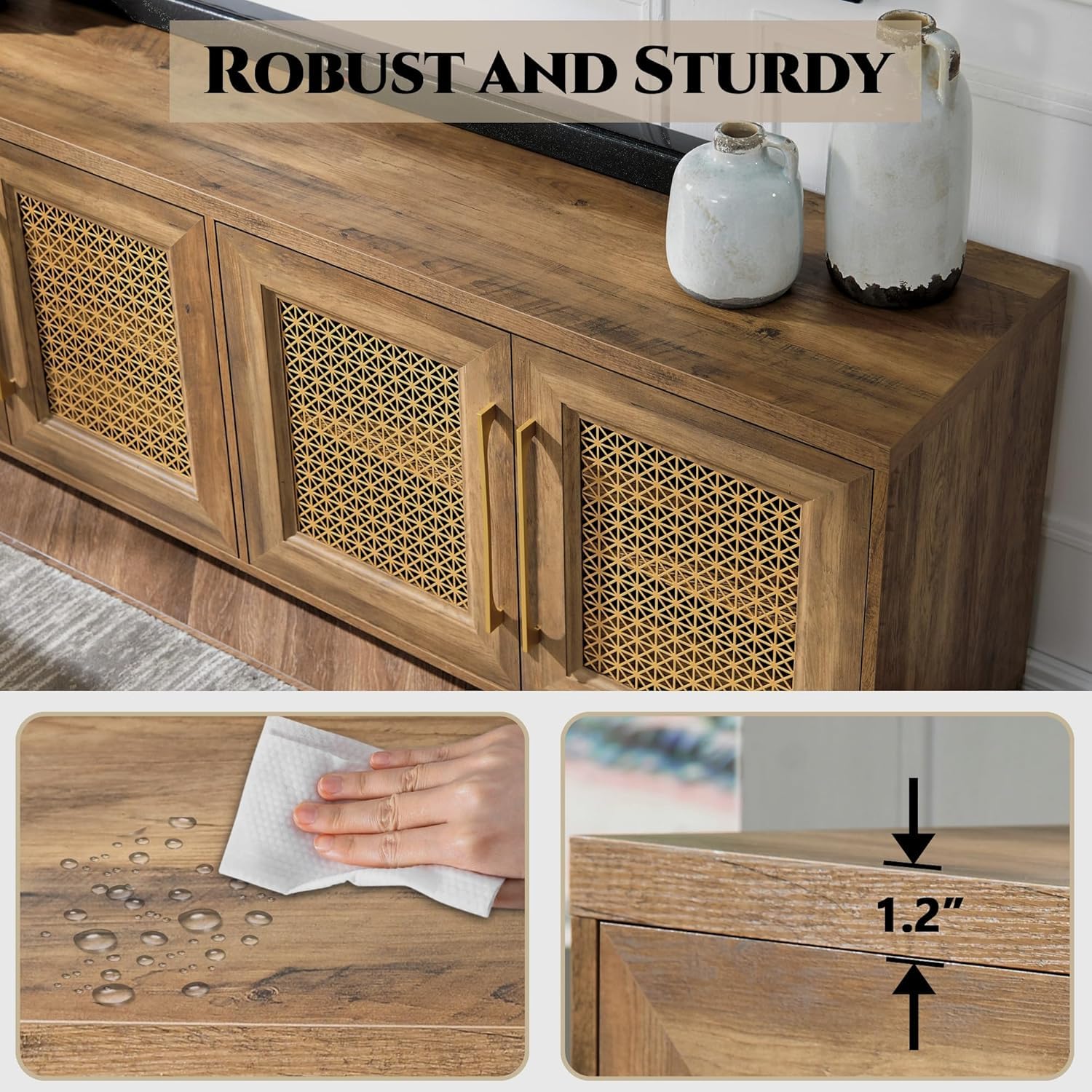 Mid Century Modern TV Stand for 75 Inch TVs - Rustic Boho Entertainment Center with Gold Metal Mesh Doors & Storage Cabinets, 69.5