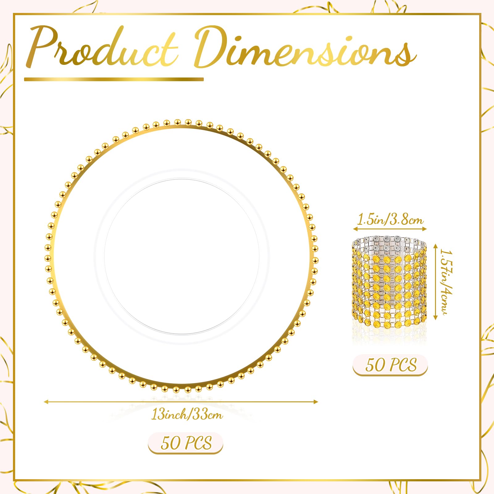 Uiifan 100 Pcs 50 Sets Clear Gold Charger Plates & Napkin Rings - 13 Inch Plastic Beaded Rim Acrylic Dinner Plates for Wedding, Party, Banquet Table Decorations - Elegant Table Setting for Formal Events & Holiday Dinners