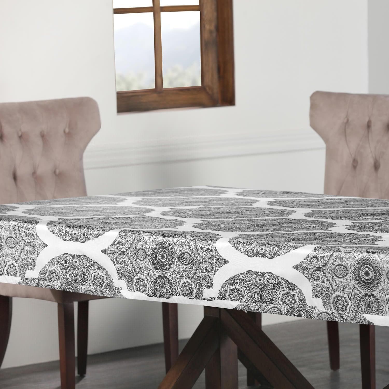 Royal Grey Emblem Designer Faux Silk Taffeta Outdoor Tablecloth - Waterproof & Wrinkle-Resistant Dining Table Cover for Patio, Garden, and Picnic Parties - Elegant Decor for Outdoor Entertaining