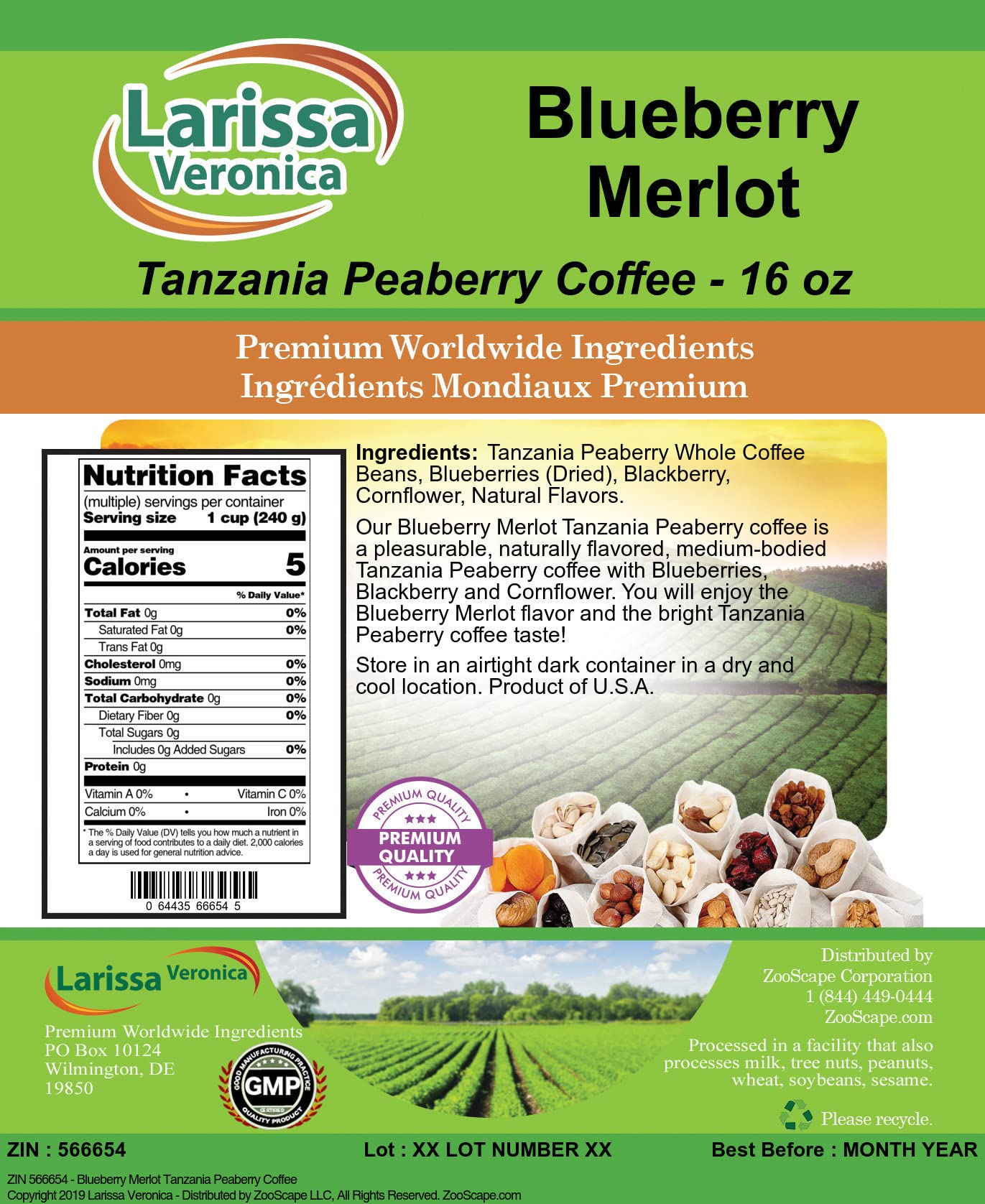 Premium Blueberry Merlot Tanzania Peaberry Coffee - Gourmet Naturally Flavored Whole Bean Coffee (16 oz, 3-Pack) - Perfect for Morning Brews, Afternoon Pick-Me-Ups & Gift Giving