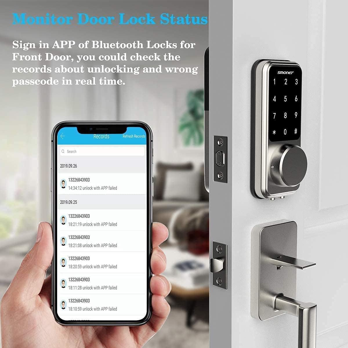 SMONET Smart Front Door Lock Set - Keyless Entry Digital Deadbolt with Handle, Bluetooth Electronic Keypad for Home Security - Perfect for Apartments, Vacation Rentals & Smart Homes