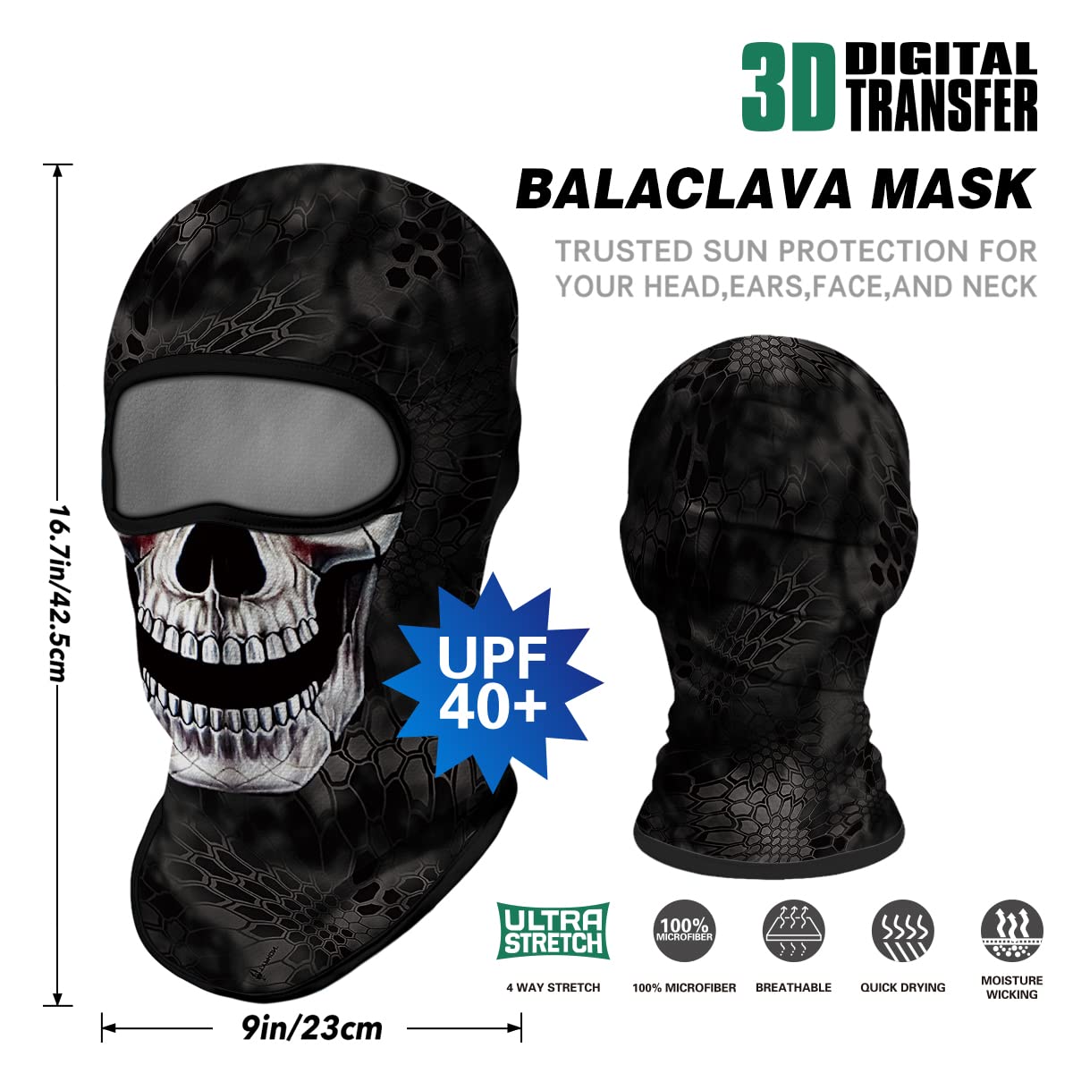 3D Skull Full Face Balaclava Mask - UV Sun Protection for Motorcycle, Ski, Cycling & Fishing - Winter Sports & Outdoor Activities Gear for Men