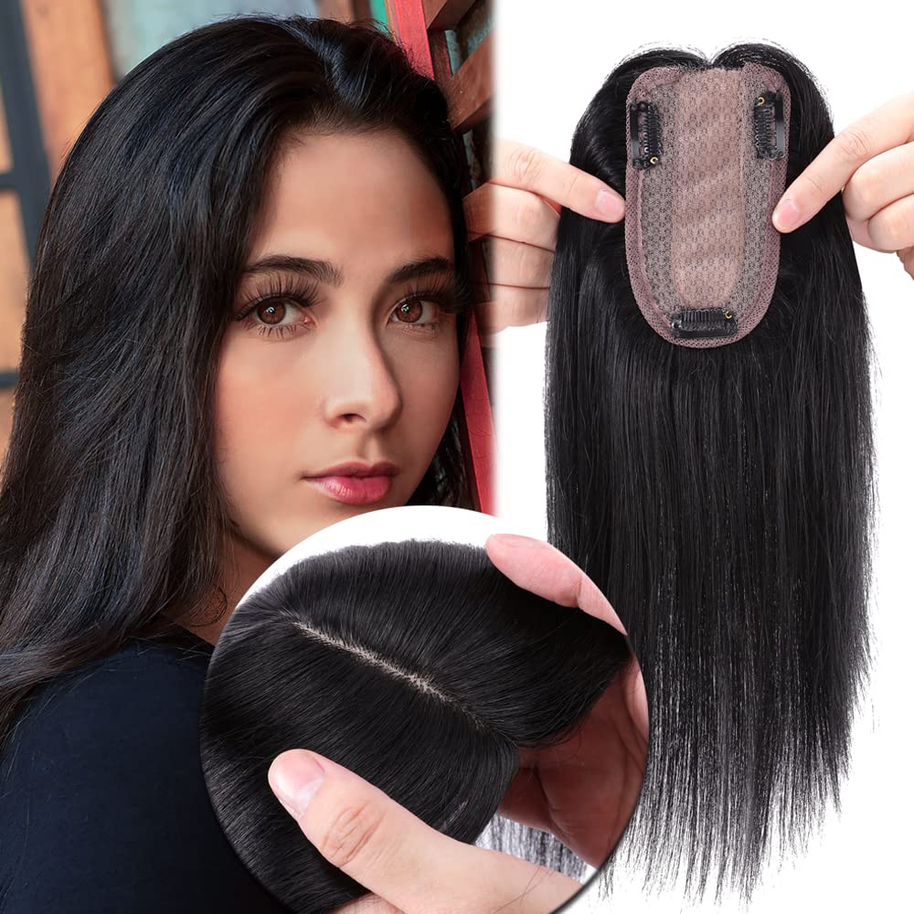 MY-LADY Human Hair Toppers for Women - 18 Inch Jet Black Remy Hair Pieces, 150% Density, 7x13CM Silk Base, No Bangs, for Thinning Hair - Perfect for Daily Wear, Parties, and Special Occasions