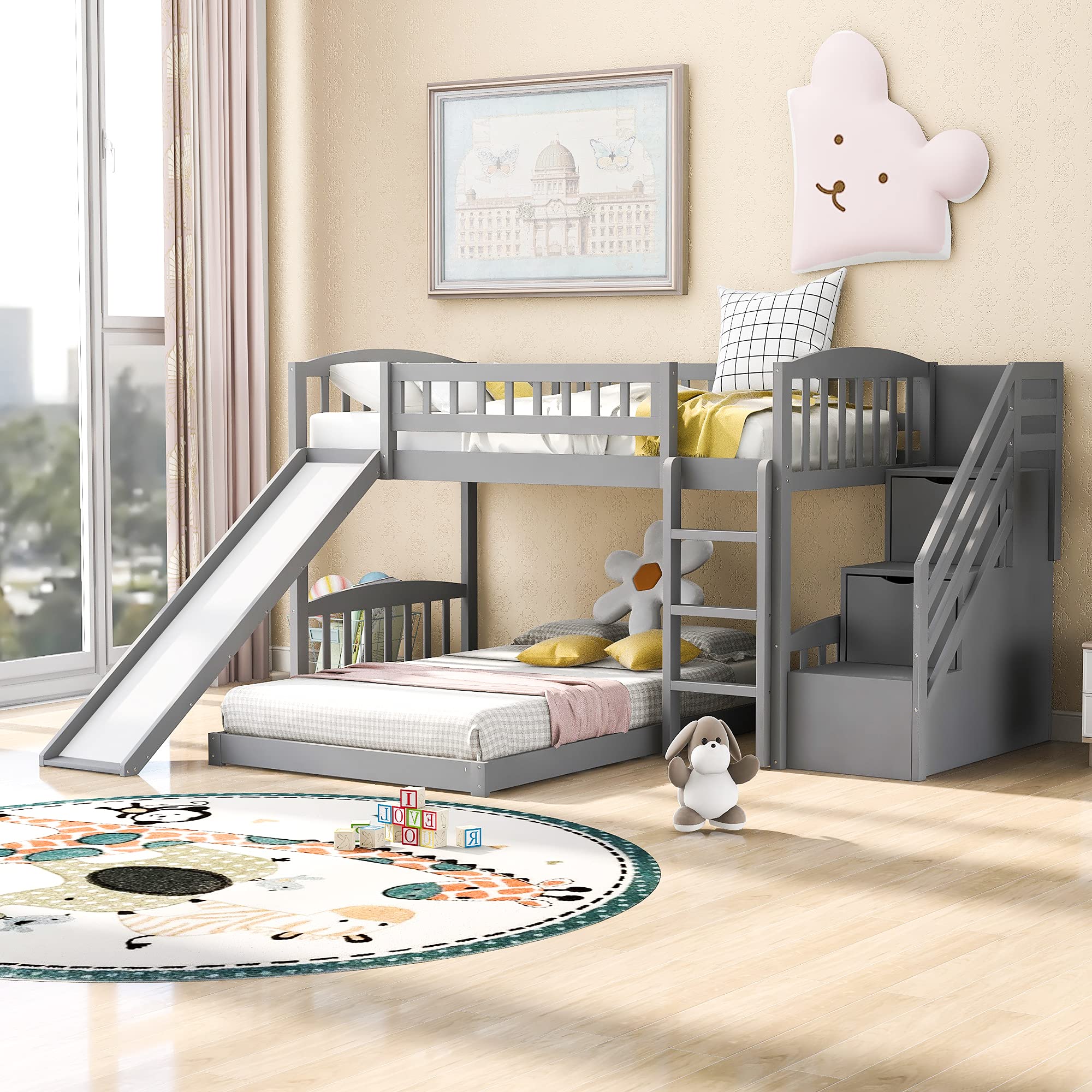 Modern Twin Over Twin Low Bunk Bed with Slide & 2 Drawers - Solid Wood Stairway Bunk Bed for Kids, Girls & Boys (Gray) - Perfect for Small Bedrooms, Kids' Rooms & Space-Saving Sleep Solutions