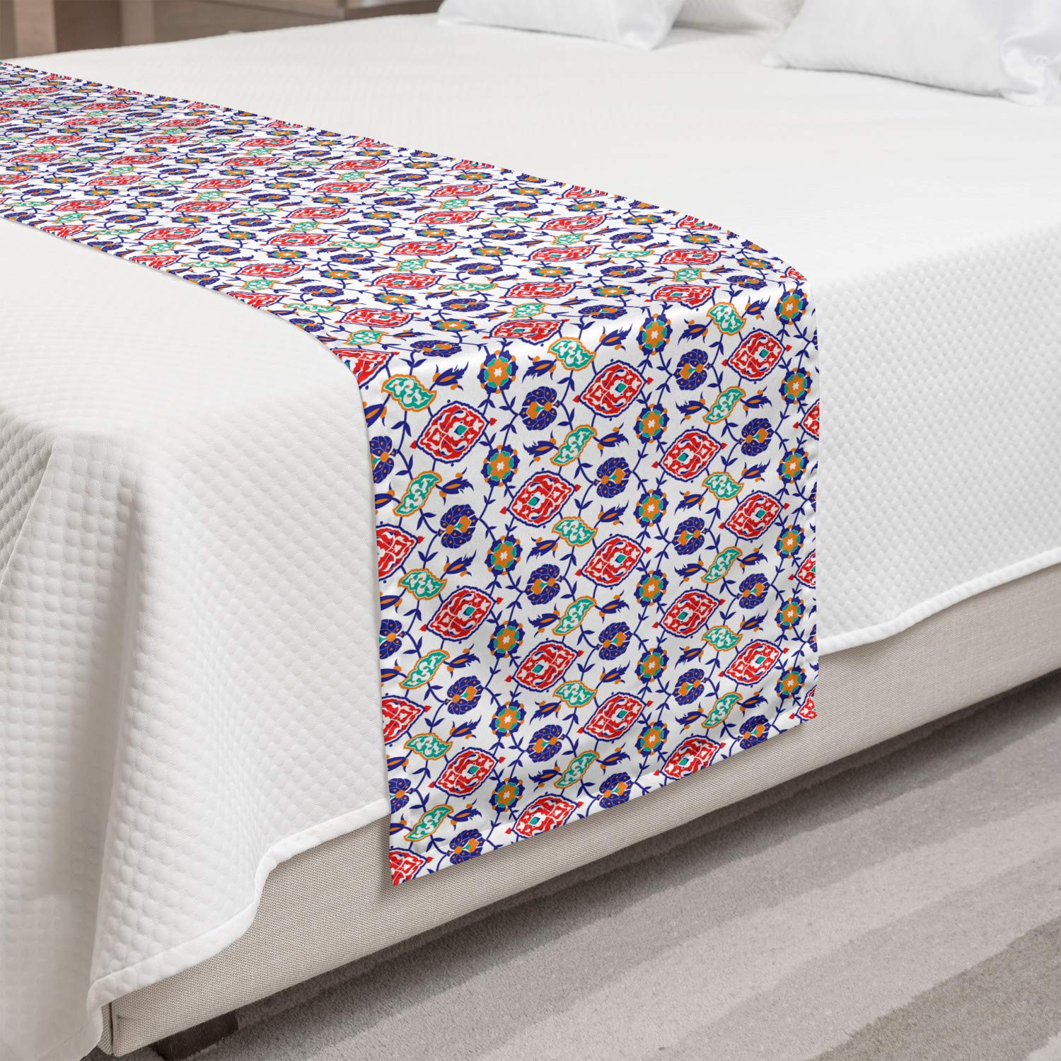 Ambesonne Traditional Moroccan Mosaic Bed Runner - Ottoman Style Decorative Bed Scarf with Turkish Tile Design for Hotels, Homes & Guest Rooms | Perfect for Master Bedrooms, Luxury Bedding Accents & Boho Chic Decor