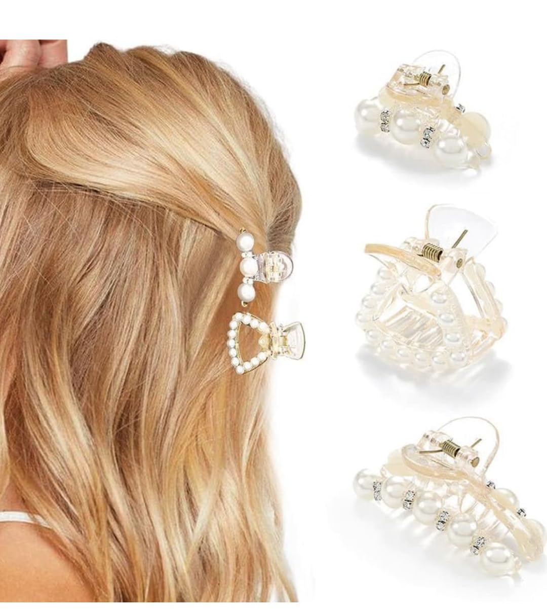 SHIDARA 3-Pack White Pearl Hair Clips for Women - Non-Slip Crystal Hair Claw Clamps, Elegant Hair Accessories for Girls & Women - Perfect for Parties, Weddings & Everyday Styling (3 PCS)