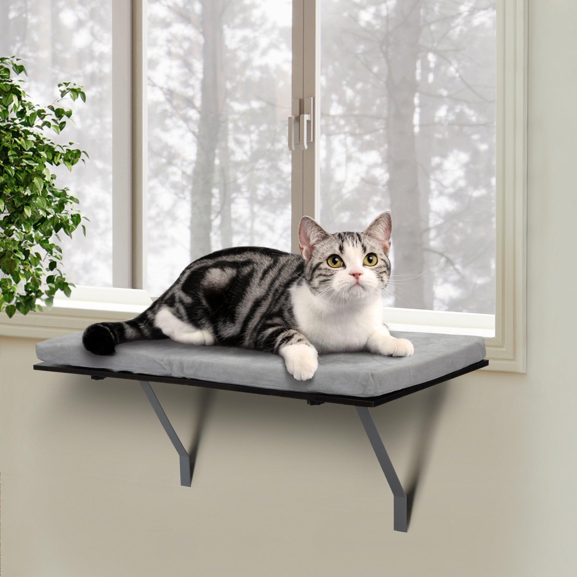 Premium Cat Window Perch with Soft Velvet Cushion - Sturdy Mounted Shelf Bed for Cats to Rest & Sunbathe - Perfect for Indoor Cats Watching Birds & Relaxing (Black & Gray)