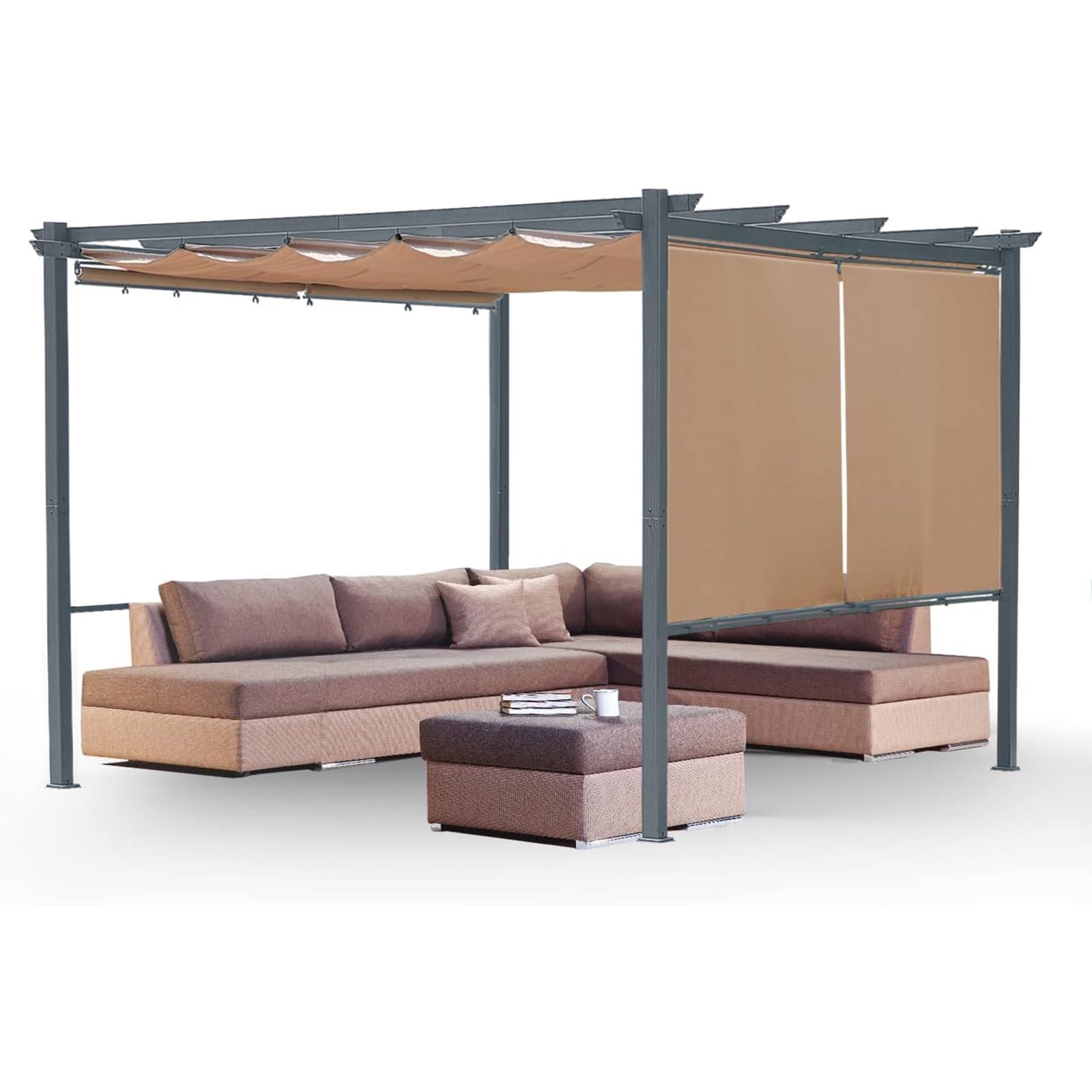 Aoodor 10x12ft Outdoor Pergola with Retractable Canopy - Matte Aluminum Frame & 4 Roller Shades - Grape Trellis Design for Patio, Backyard, Garden, Deck - Perfect for Outdoor Entertaining & Relaxation in Dark Brown