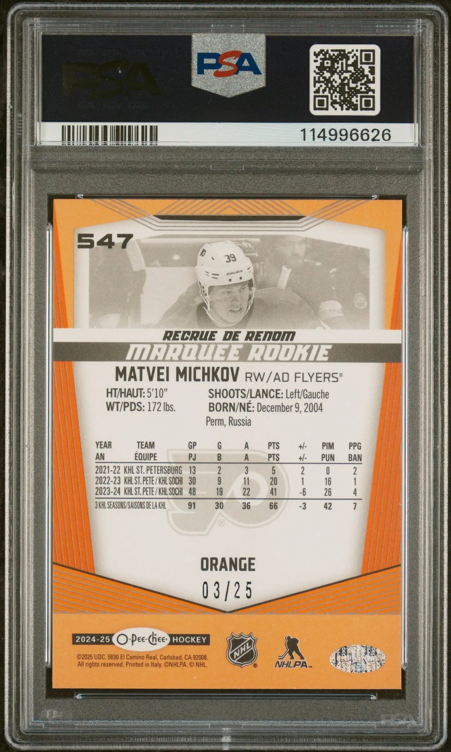2024-25 O-Pee-Chee Matvei Michkov Rookie Card RC Orange Border PSA 10 Gem Mint /25 - Hockey Collectibles & Sports Memorabilia for Fans and Investors