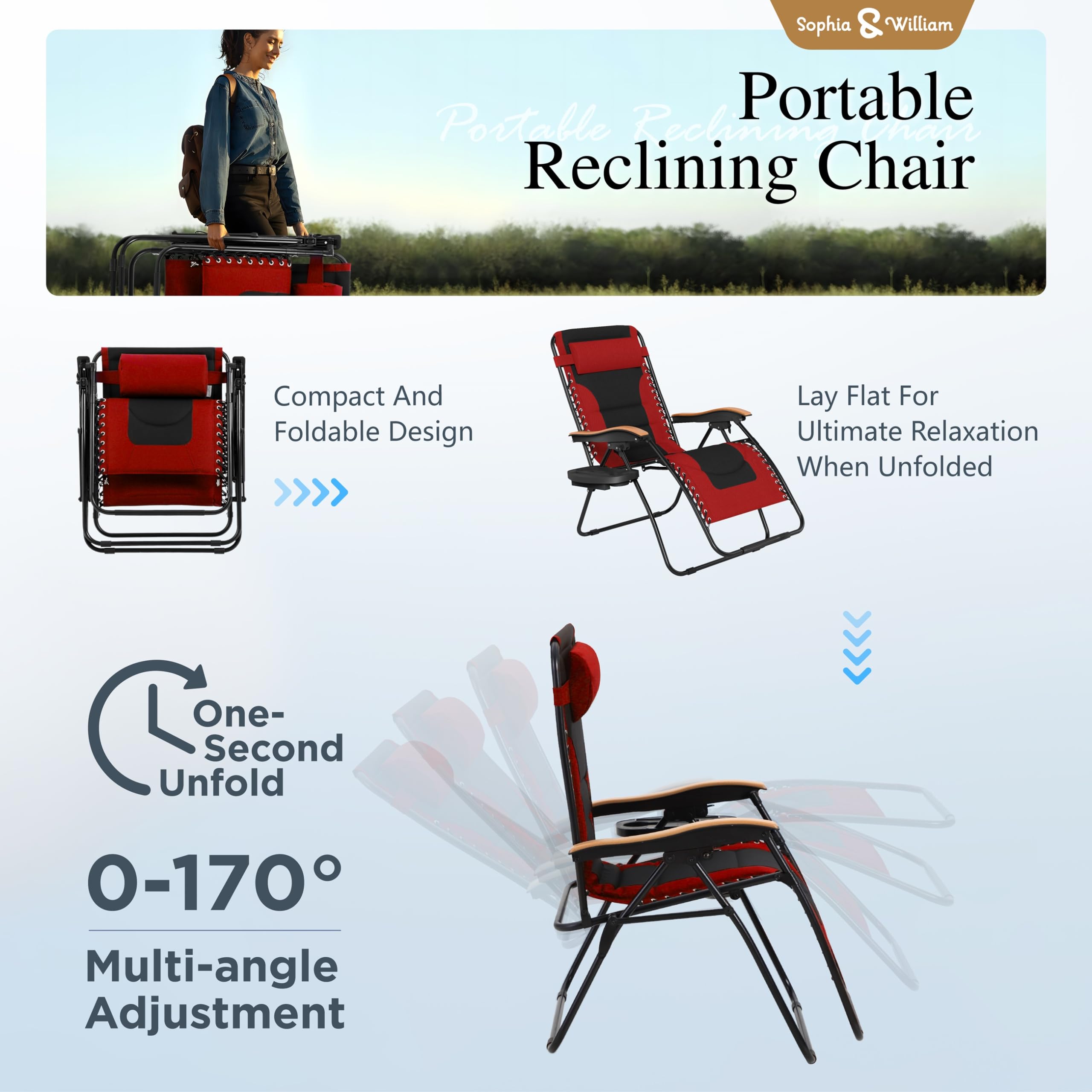 **Sophia & William Oversized XL Zero Gravity Recliner Chair Set of 2 – Padded Adjustable Folding Lounge Chair with Wide Armrest & Cup Holder – Supports 400 lbs – Red – Perfect for Patio, Backyard, Poolside & Indoor Relaxation**