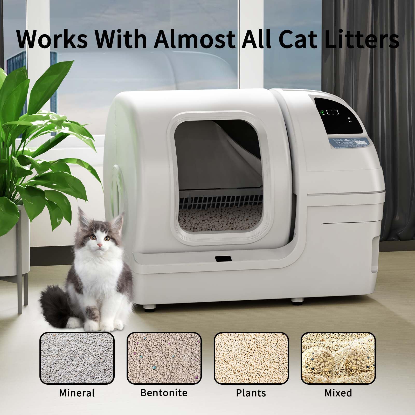 UPFAS 100L Extra Large Automatic Self-Cleaning Cat Litter Box with APP Control, Safe Alert & Smart Health Monitor - Odor-Free Multi-Cat Litter Box (White) - Perfect for Busy Pet Owners & Multi-Cat Households