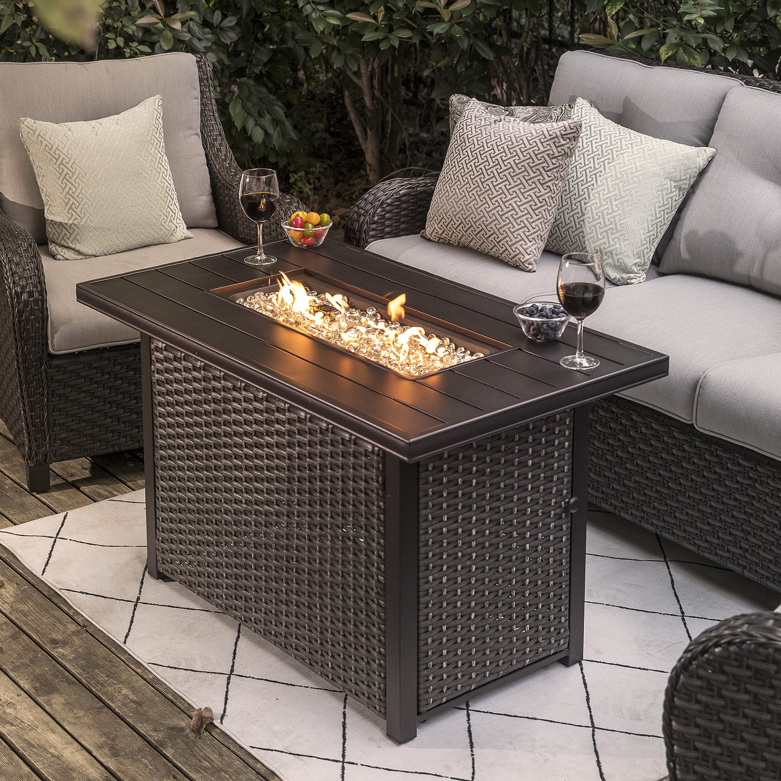 43 Inch Nuu Garden Outdoor Propane Fire Pit Table - 50,000 BTU, Aluminum Top & PE Rattan Steel Frame, Waterproof Cover, Glass Beads, Lid - Dark Brown for Patio, Backyard, Deck, and Outdoor Gatherings