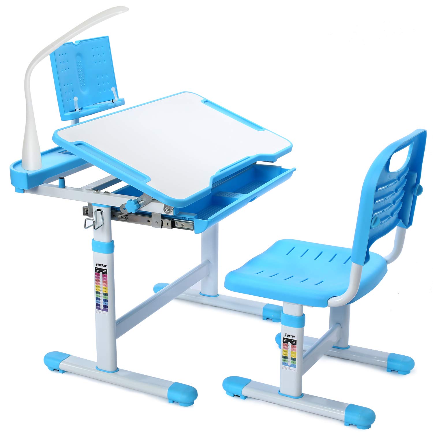 Forfar Adjustable Kids Study Desk with LED Light, Chair Set & Storage - Height Adjustable Children's Desk with Pull-Out Drawer, Bookstand & Tilt Desktop - Perfect for Homework, Reading & Online Learning