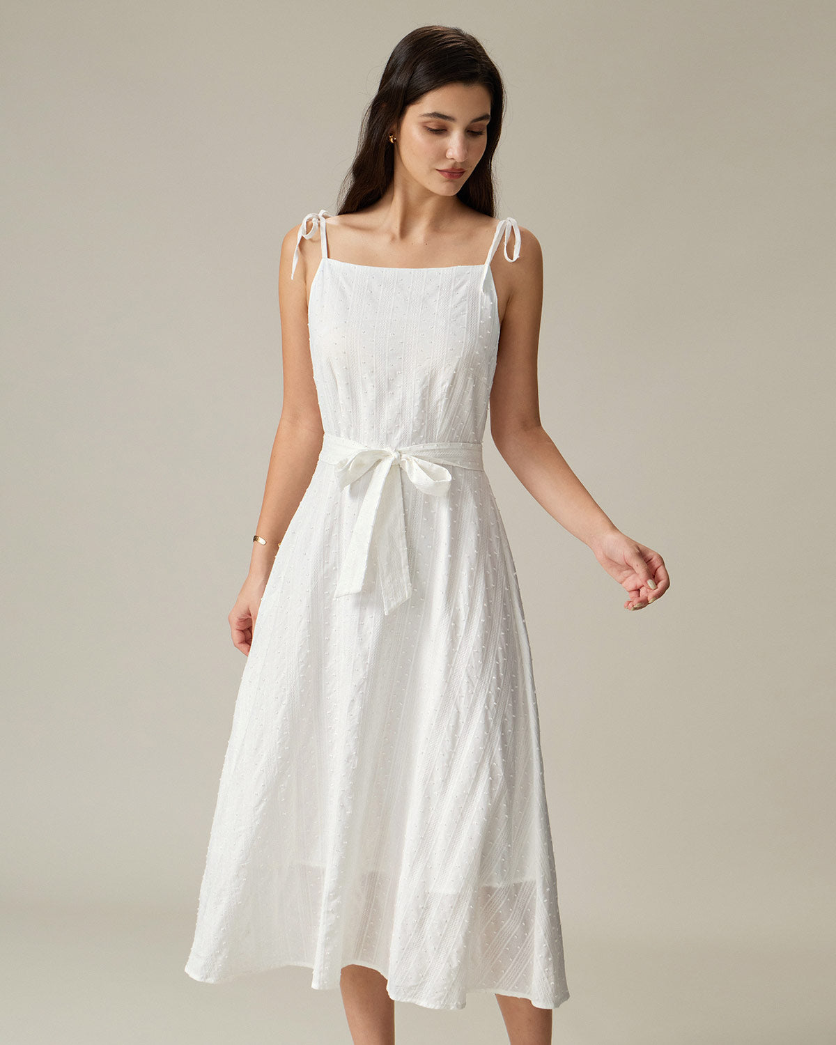 Elegant White Textured Square Neck Slip Midi Dress for Women - Perfect for Summer Weddings, Date Nights & Cocktail Parties