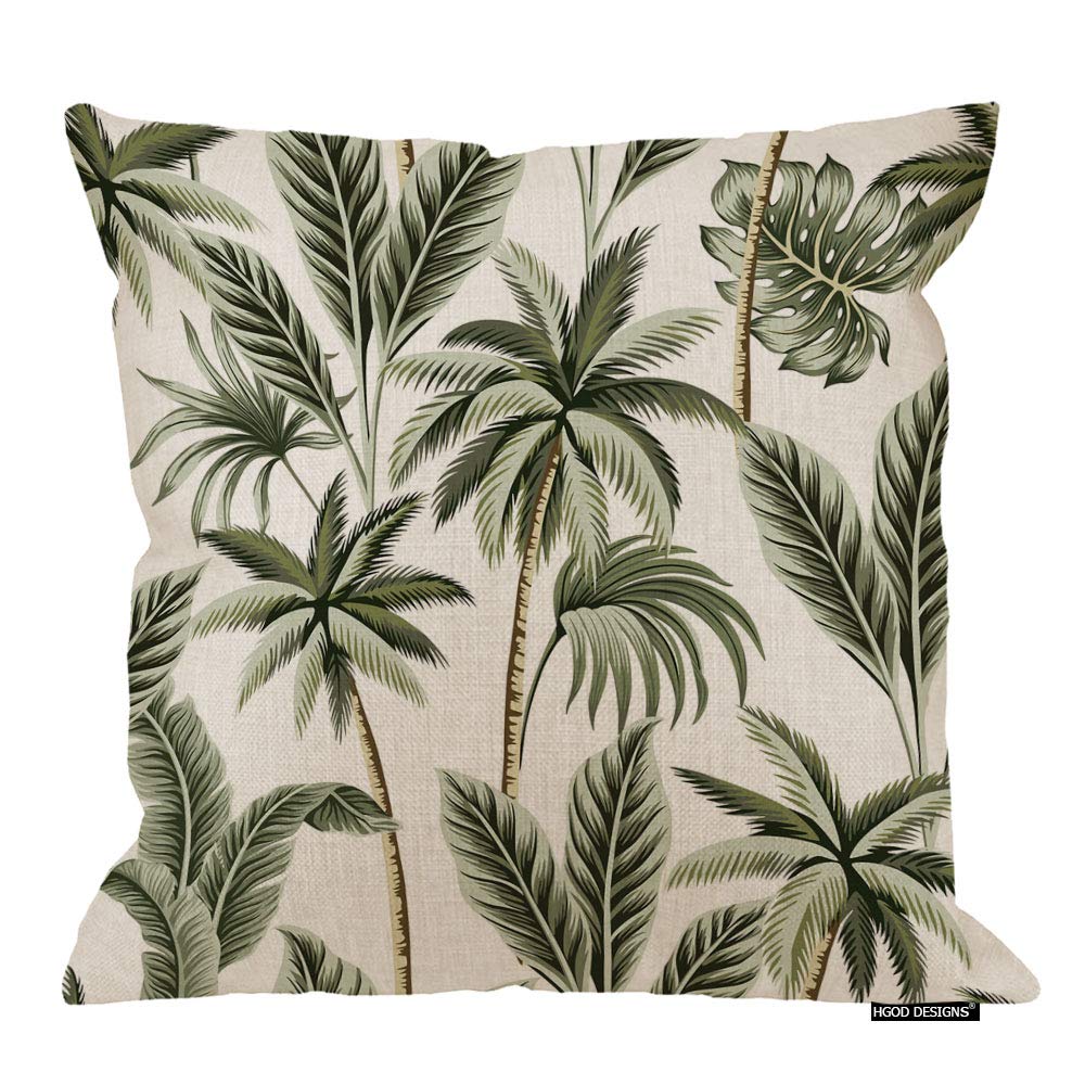 HGOD DESIGNS Tropical Green Palm Tree Throw Pillow Covers 18x18 Inch - Vintage Hawaiian Style Decorative Cushion Covers for Sofa, Bed, Living Room - Perfect for Beach House Decor & Boho Home Accessories