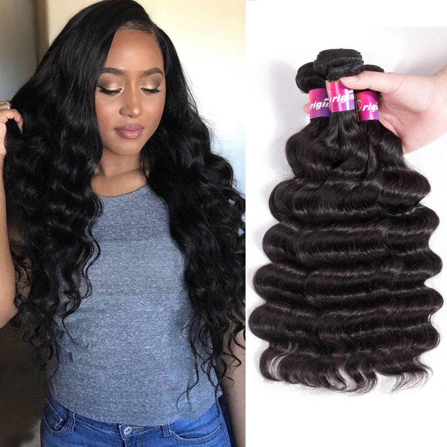 Brazilian Loose Deep Wave Virgin Hair 9A Curly Hair Extensions - 3 Bundles 100% Unprocessed Human Remy Hair, Natural Black Color (22