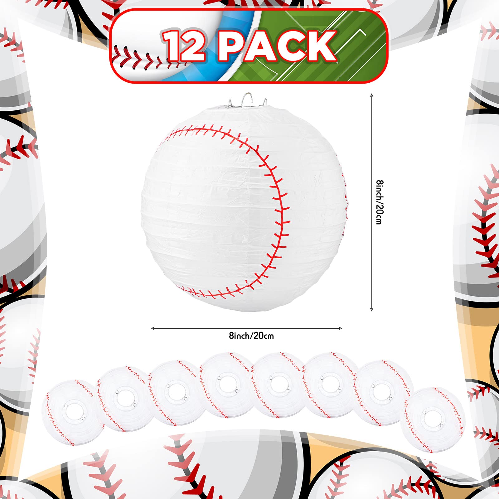 12 Pack Baseball Themed Paper Lanterns - 8 Inch Hanging Party Decorations for Baseball Birthday, Sports Team Events & Game Day Celebrations - Perfect for Baseball Field Parties, Dugout Decor & Fan Zone Atmosphere