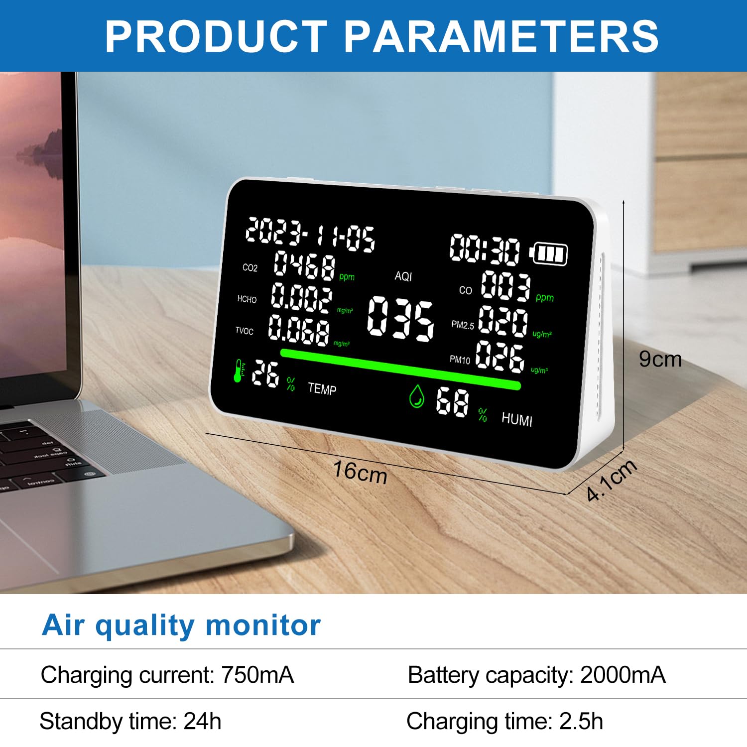 11-in-1 Air Quality Monitor for Home & Office - CO2/VOC/PM2.5/Temp/Humidity Detector, Portable & Battery Powered