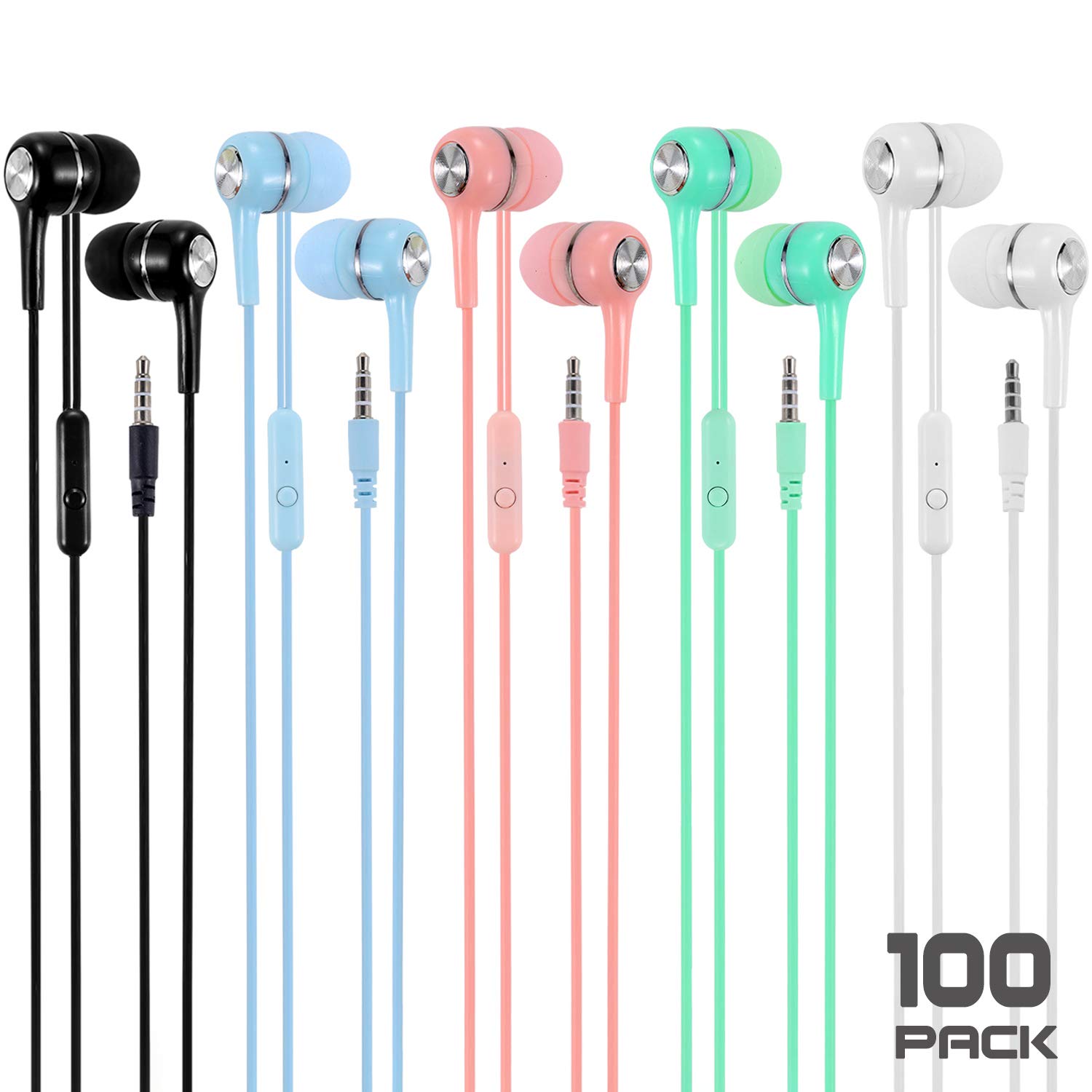 Wholesale Bulk Earbuds with Microphone - 100 Pack Multi-Colored Durable Headphones for School, Classroom, Students & Kids - Perfect for Online Learning, Remote Classes & Study Sessions