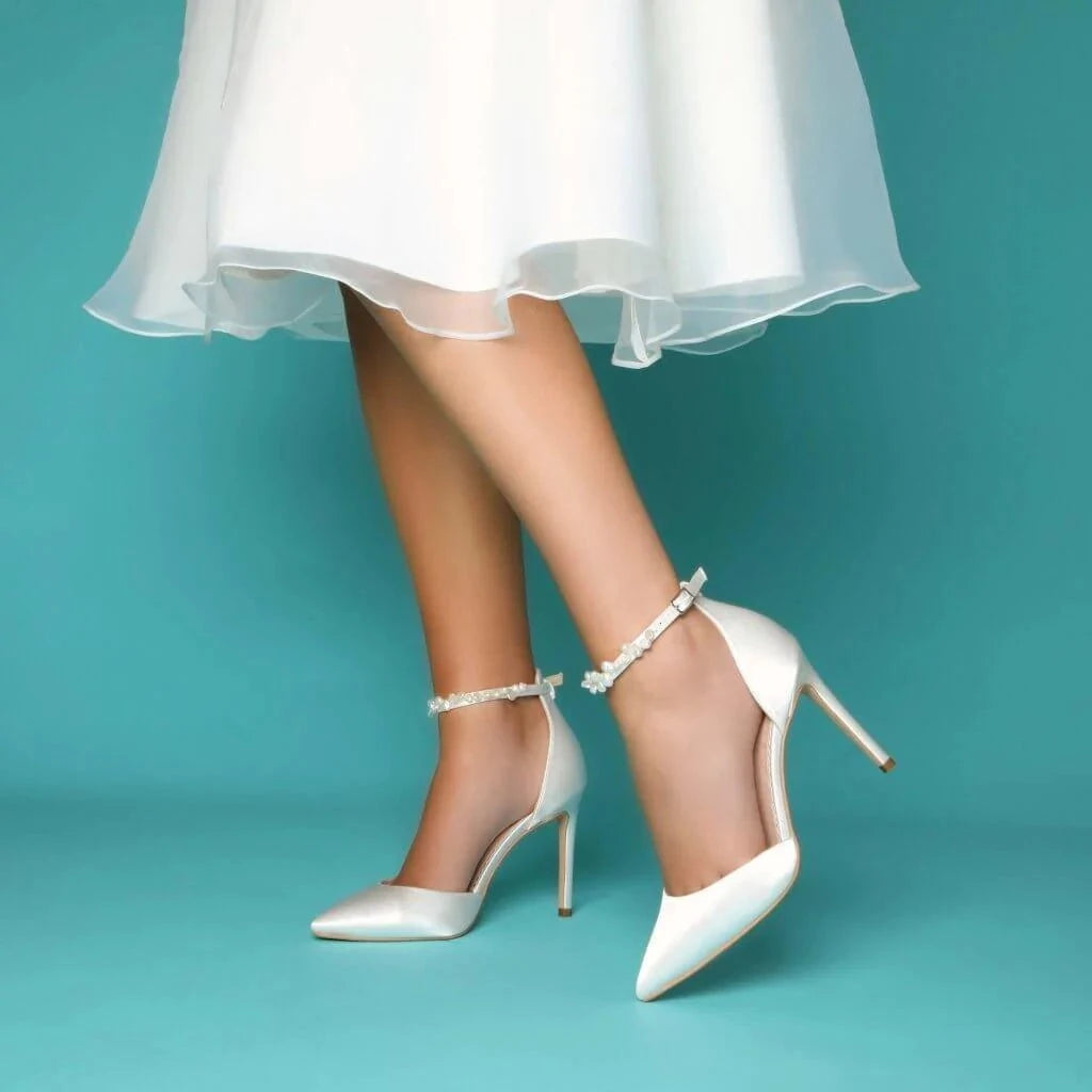 Ivory Satin Wedding Heels with Keshi Pearls - Elegant Ankle Strap Bridal Shoes for Bride, Bridesmaids & Formal Events - ELLA Collection