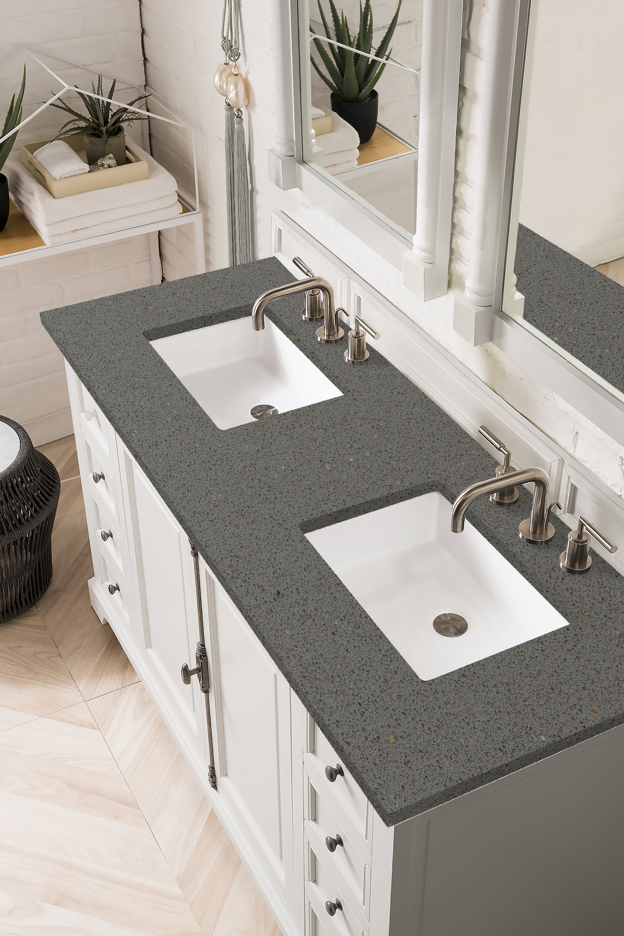 Providence 60-Inch Double Vanity Cabinet with 3CM Grey Expo Quartz Top - Bright White Bathroom Vanity for Modern Master Bath & Guest Bathroom