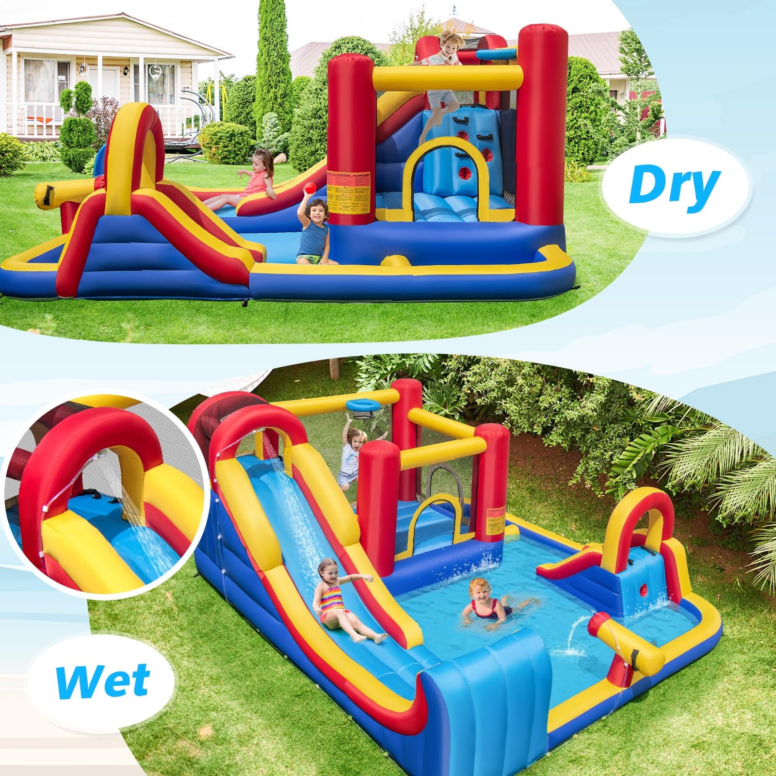 BOUNTECH Inflatable Water Slide Park - 7-in-1 Giant Bounce House with Dual Racing Slides, Splash Pool & Water Sprayer | Outdoor Summer Fun for Kids & Adults | Perfect for Backyard Parties, Birthday Gifts & Family Gatherings