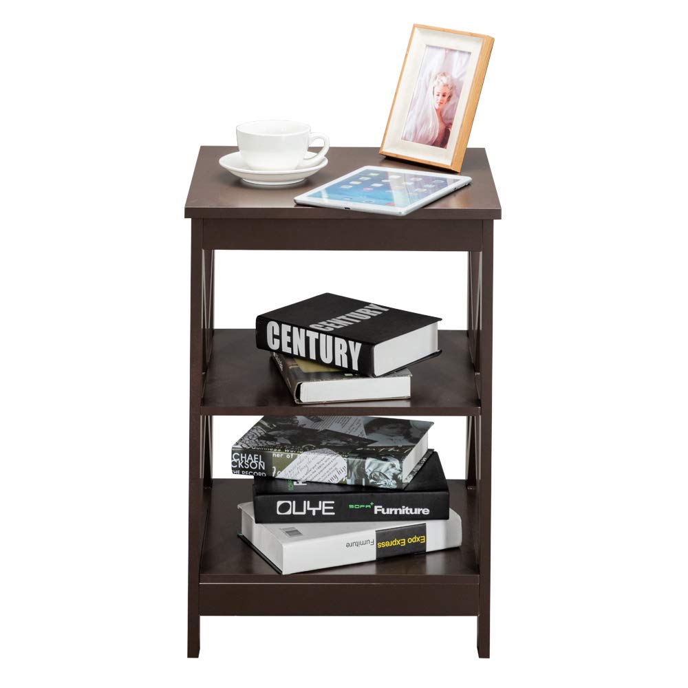 3-Tier Wooden X-Design Side Table - Sofa End Table, Bedside Nightstand with Shelf for Living Room, Bedroom & Office - Home Furniture Organizer & Display Unit