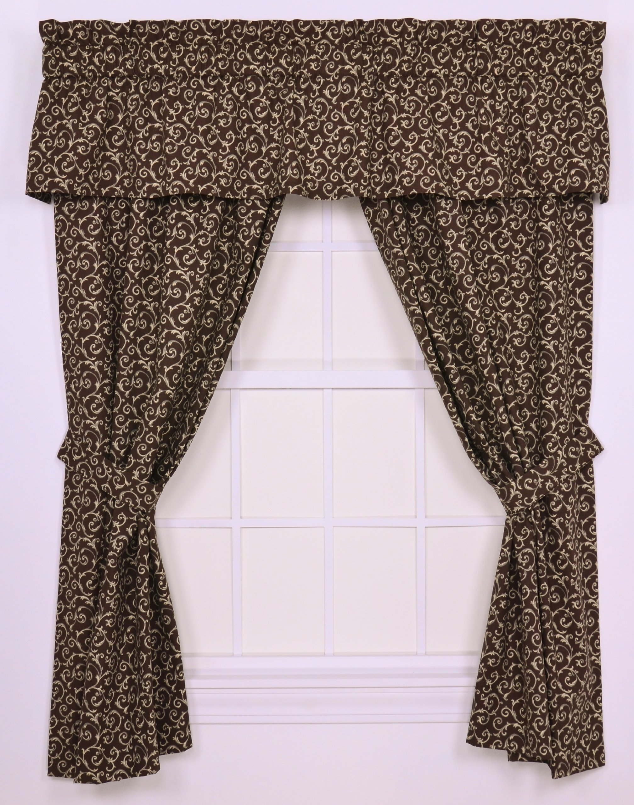 Tremblay Small Scale Scroll Tailored Panel Pair Curtains with Tiebacks - 68x72 Inches, Brown - Perfect for Living Room, Bedroom & Home Decor
