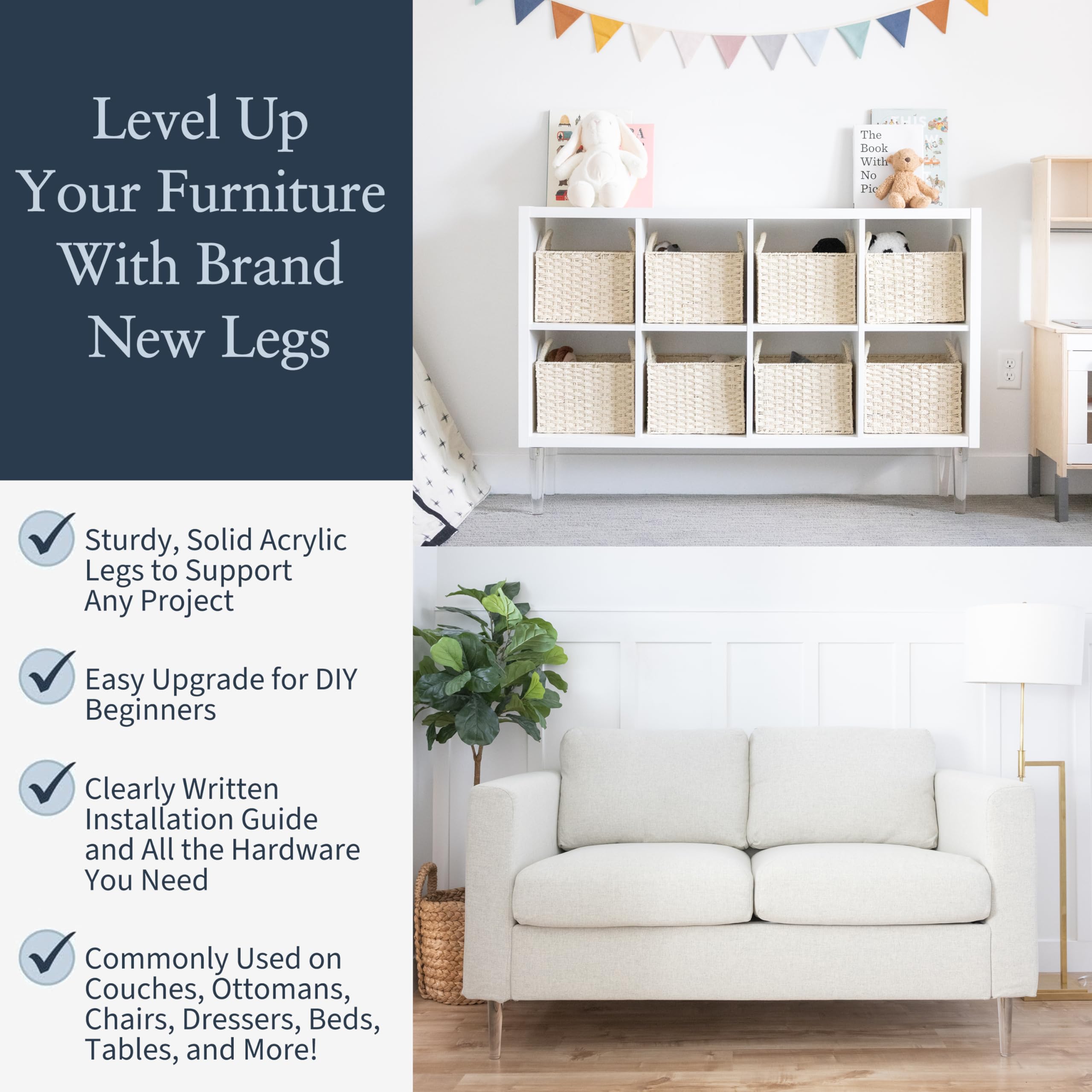 Mid Century Acrylic Furniture Legs - Set of 4 (8 Inches) for Sofa, Chair, Table, Bed & More - Easy Installation with Hardware Included - Perfect for Modern Home & Office Decor
