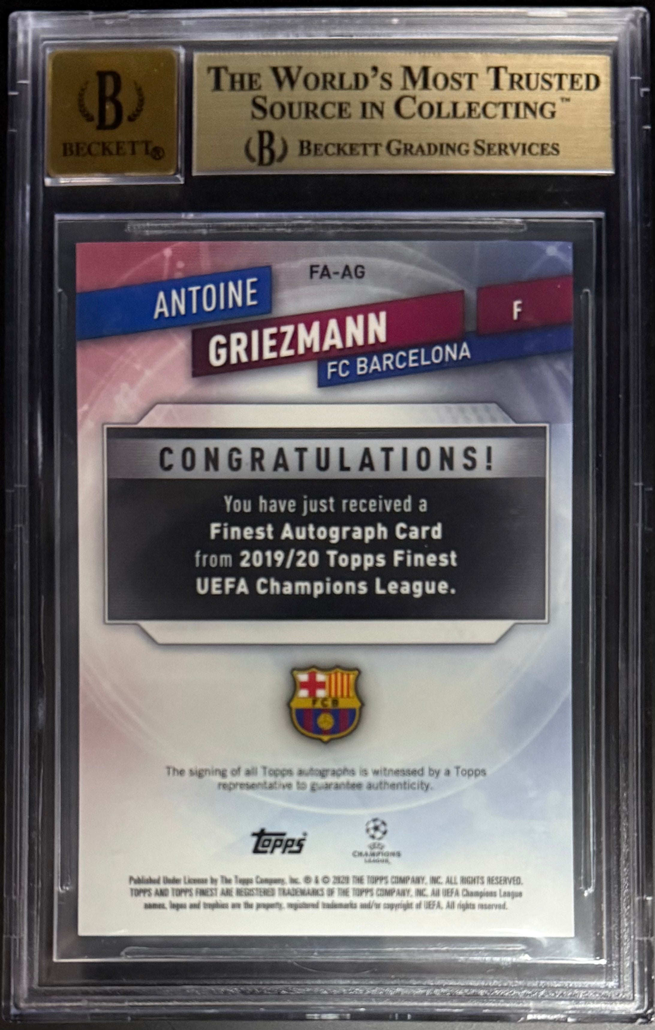 Topps Antoine Griezmann Orange Autograph Refractor /25 Finest UCL 2019-20 Beckett 9.5 Graded Soccer Trading Card - Perfect for Collectors, Investors & Soccer Fans Display