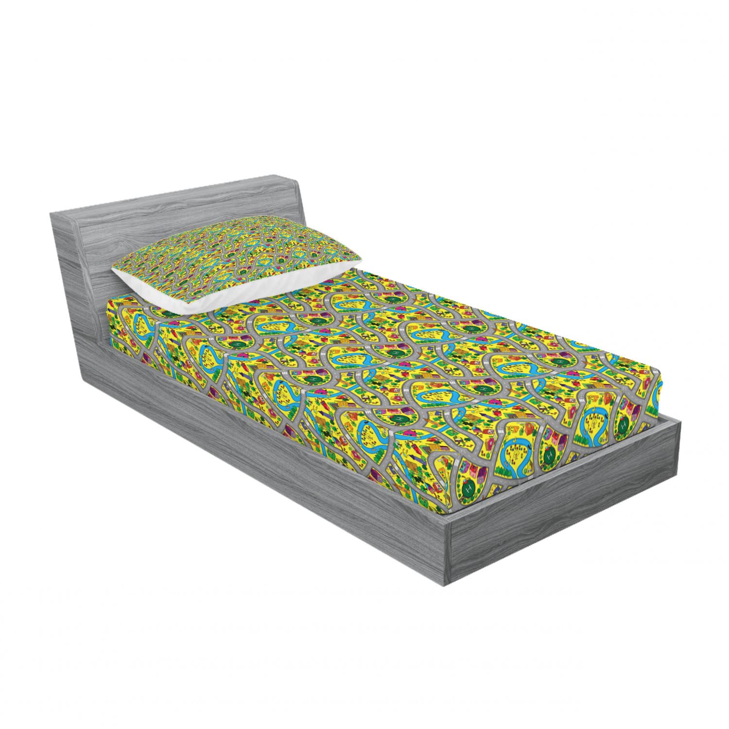 Ambesonne Car Race Track 2-Pack Twin Fitted Sheet & Pillow Sham Set - 4-Piece Road Themed Bedding Decor for Kids' Rooms & Race Car Enthusiasts - Perfect for Boys' Bedrooms, Playrooms & Themed Parties