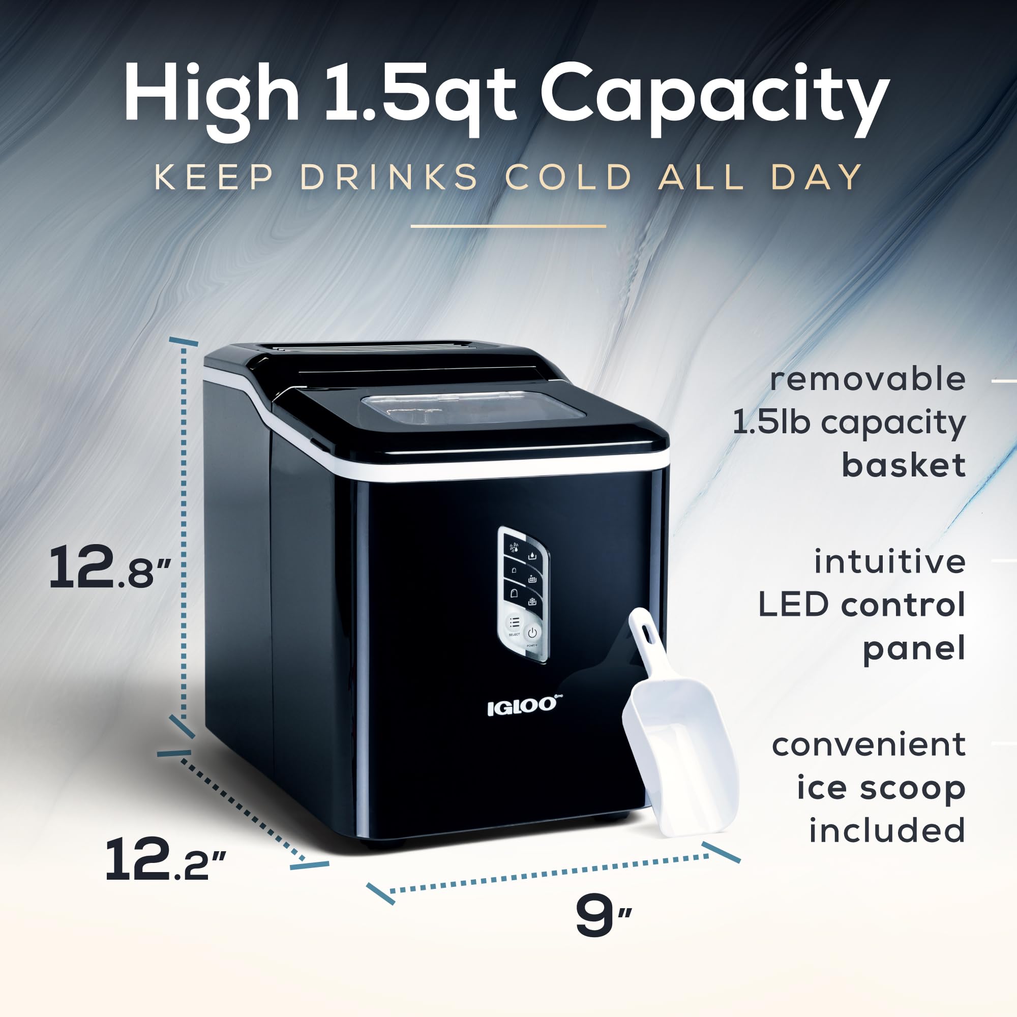 Igloo Automatic Ice Maker Machine - 26 lbs/24H, Self-Cleaning Countertop Ice Machine with LED Display & 9 Ice Cube Sizes (Large/Small) - Includes Ice Scoop - Perfect for Cocktails, Sodas, Home Bars, Office Use & Outdoor Parties