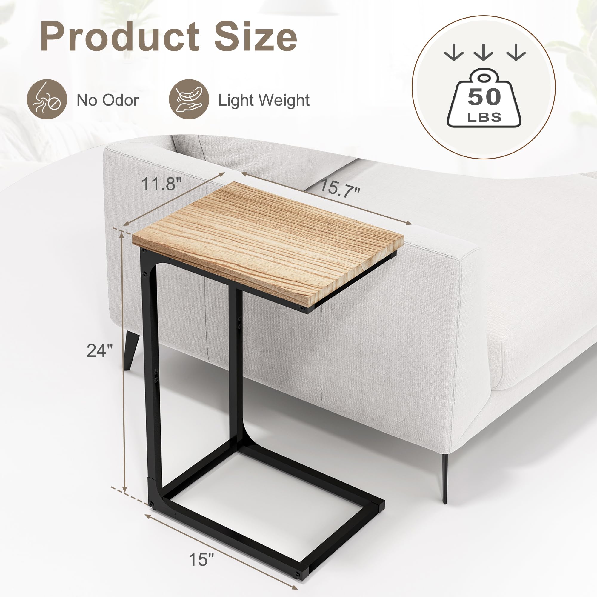 Rustic Brown C-Shaped End Table Set of 2 - Narrow Sofa Side Table for Living Room, Bedroom & Small Spaces - Perfect as TV Tray, Couch Table or Nightstand