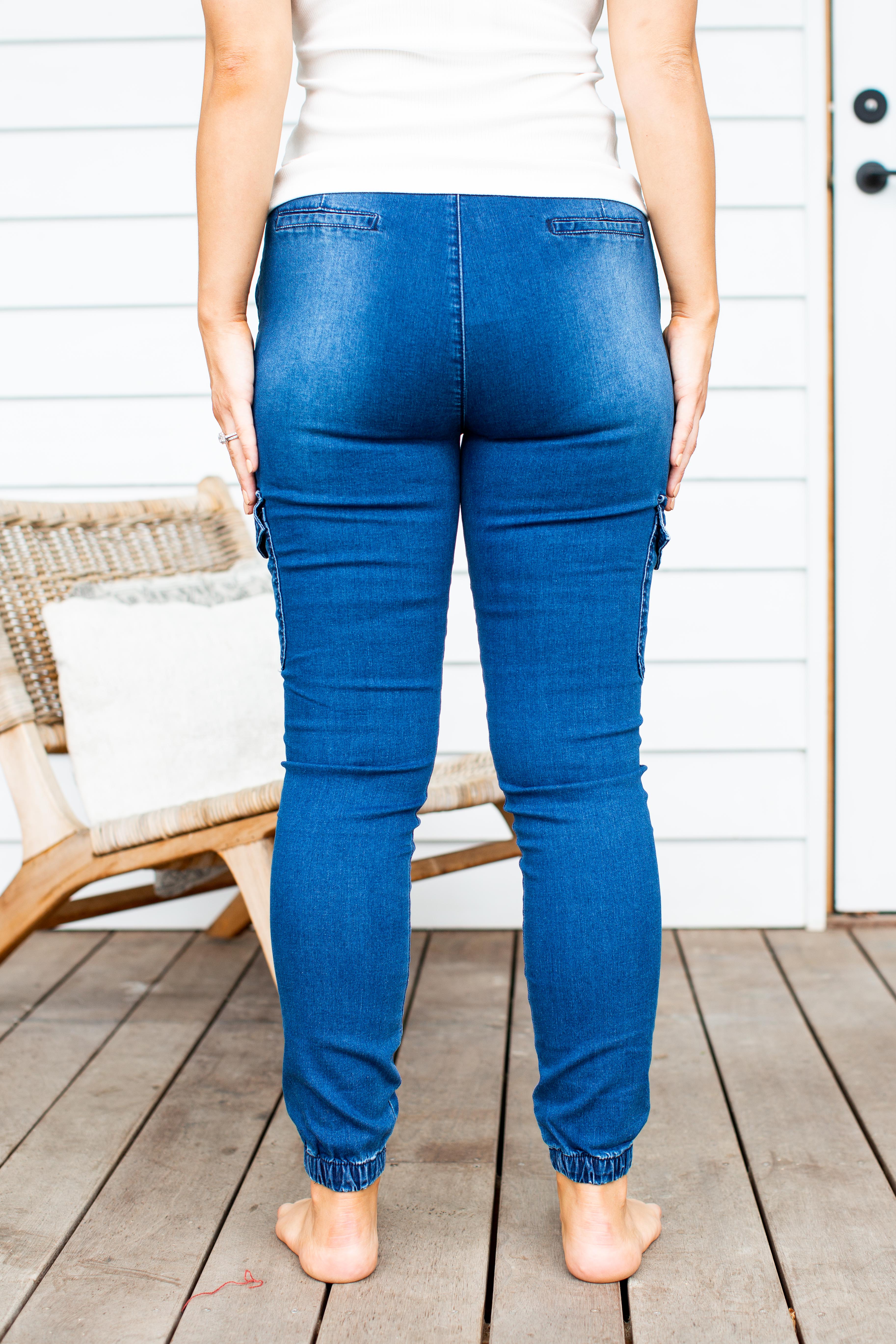 Florence Denim Joggers for Women - Stretch Comfortable Dark Blue Casual Pants | Perfect for Lounge, Travel & Everyday Wear