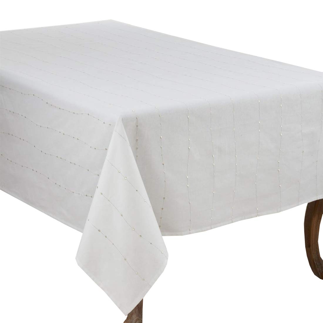 Fennco Styles Embroidered Metallic Stripe 100% Cotton Tablecloth 65x140 Inch - Elegant White Table Cover for Dining Room, Wedding, Party & Holiday Decor | Perfect for Everyday Use, Special Events & Home Decor
