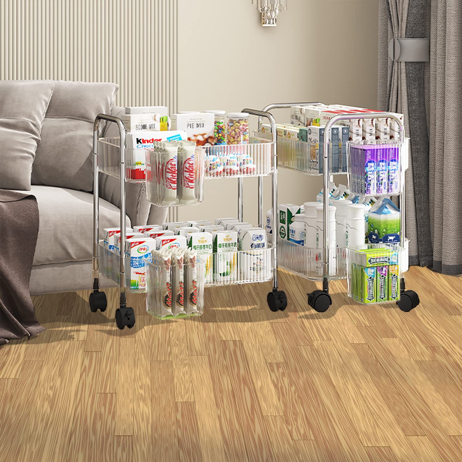 2-Tier Rolling Cart with Wheels - Mobile Storage Organizer for Office, Home & Kitchen - Under Desk Trolley with Handle & 2 Hanging Baskets - Perfect for Small Spaces, Dorm Rooms & Craft Supplies (Transparent)