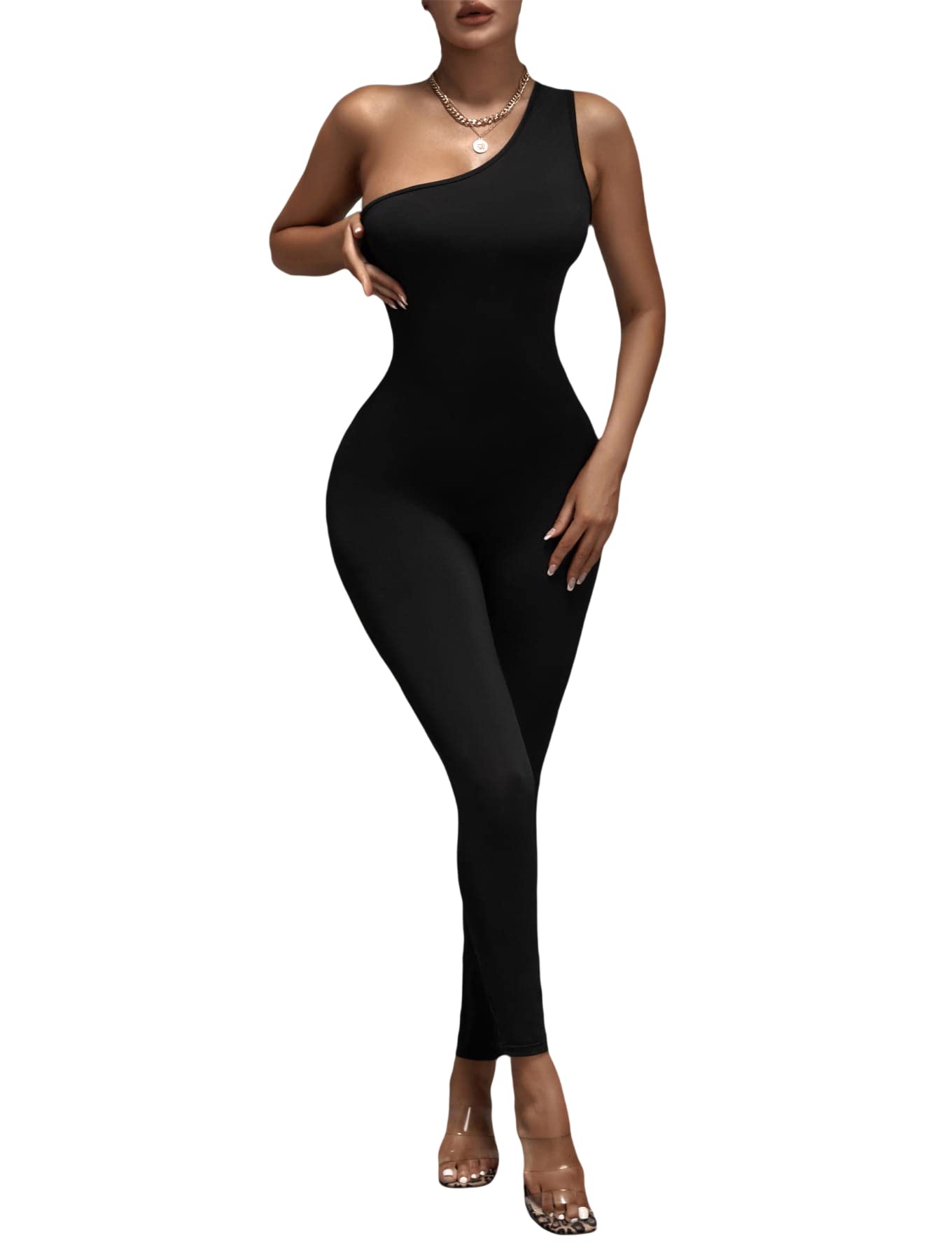 WDIRARA Women's One Shoulder Sleeveless High Waist Jumpsuit - Elegant Bodycon Romper with Pants for Night Out, Party & Special Occasions