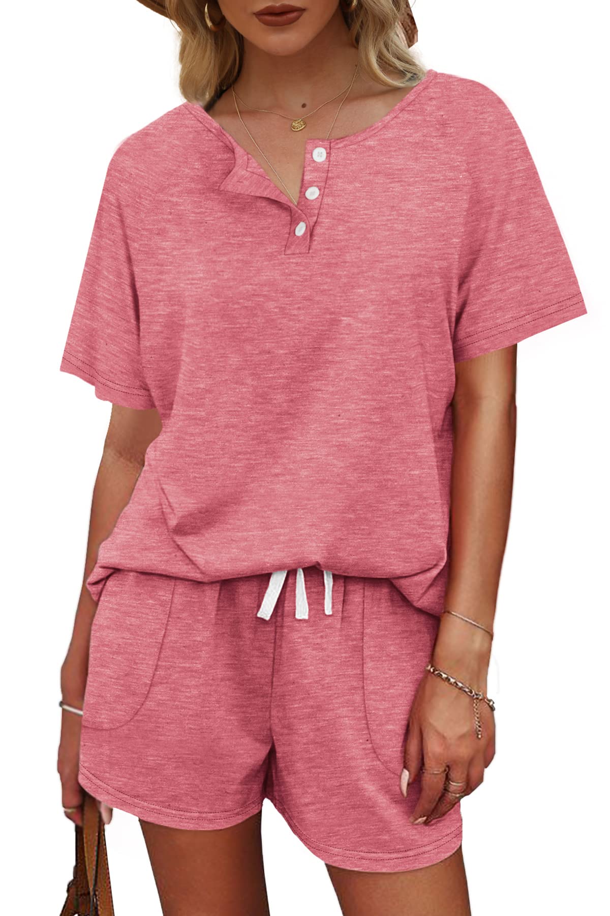 WIHOLL Women's 2-Piece Lounge Set - Button Down Top & Shorts with Pockets | Comfortable Sweatsuit for Home, Travel & Casual Wear