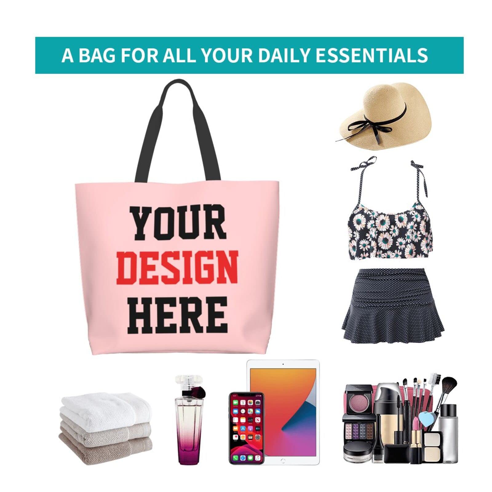 Custom Printed Tote Bags with Logo - Personalized Team Text & Picture Shoulder Bag for Women - Travel, Business, Shopping & Teacher Gifts - Eco-Friendly Reusable Grocery Bag
