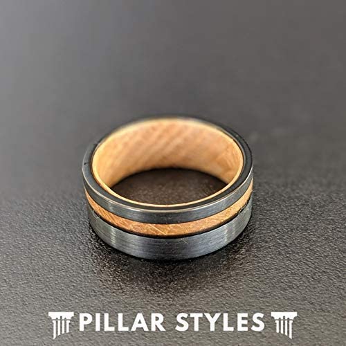 **8mm Black Tungsten & Reclaimed Bourbon Wood Wedding Band for Men - Comfort Fit Whiskey Barrel Ring - Unique Anniversary Gift for Him - Perfect for Outdoor, Casual & Formal Occasions**
